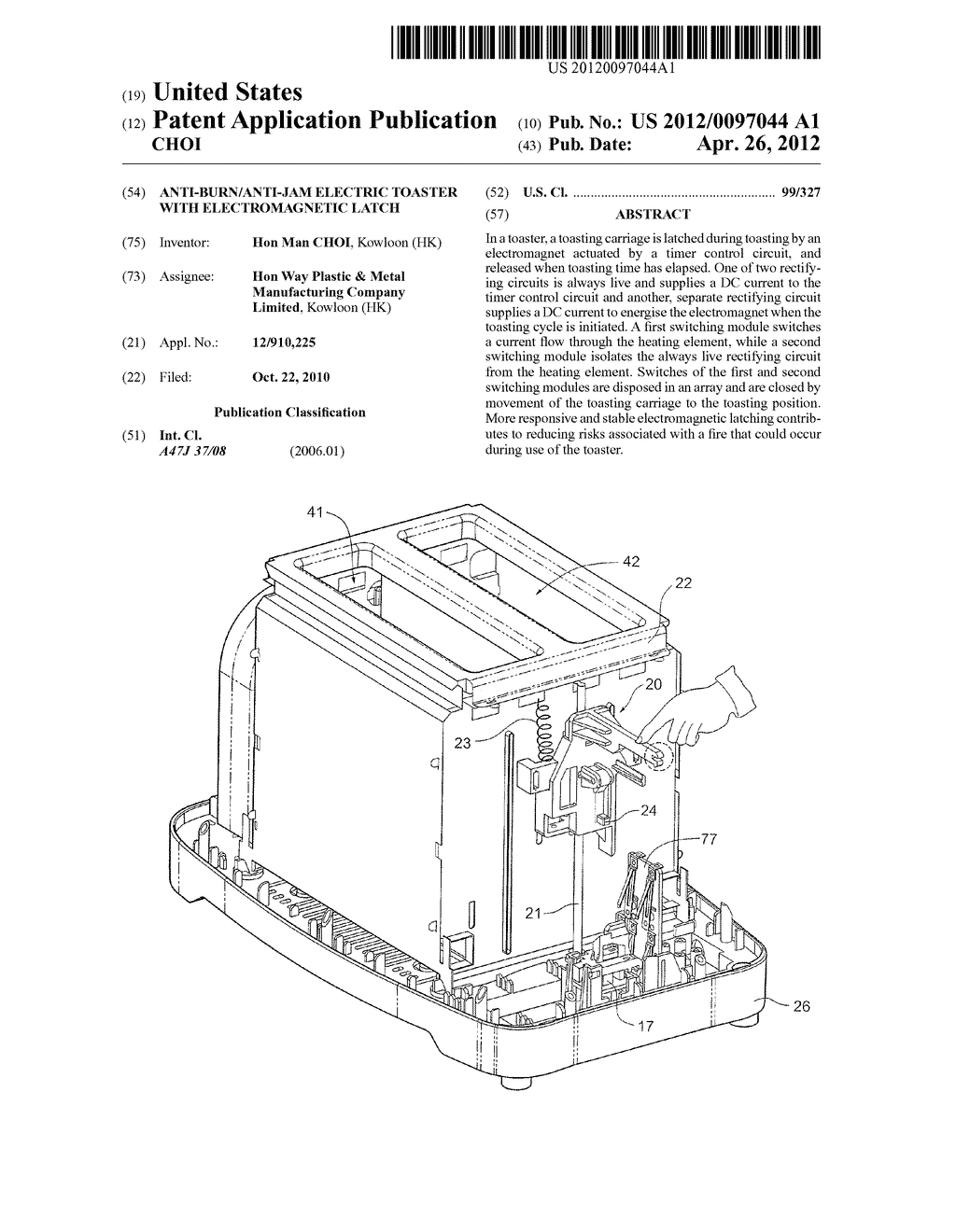 ANTI-BURN/ANTI-JAM ELECTRIC TOASTER WITH ELECTROMAGNETIC LATCH - diagram, schematic, and image 01