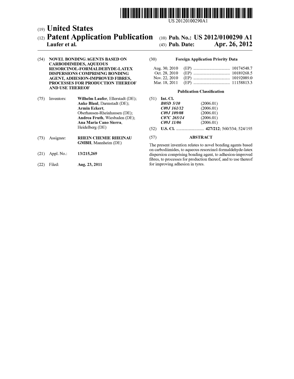 Novel bonding agents based on carbodiimides, aqueous     resorcinol-formaldehyde-latex dispersions comprising bonding agent,     adhesion-improved fibres, processes for production thereof and use     thereof - diagram, schematic, and image 01