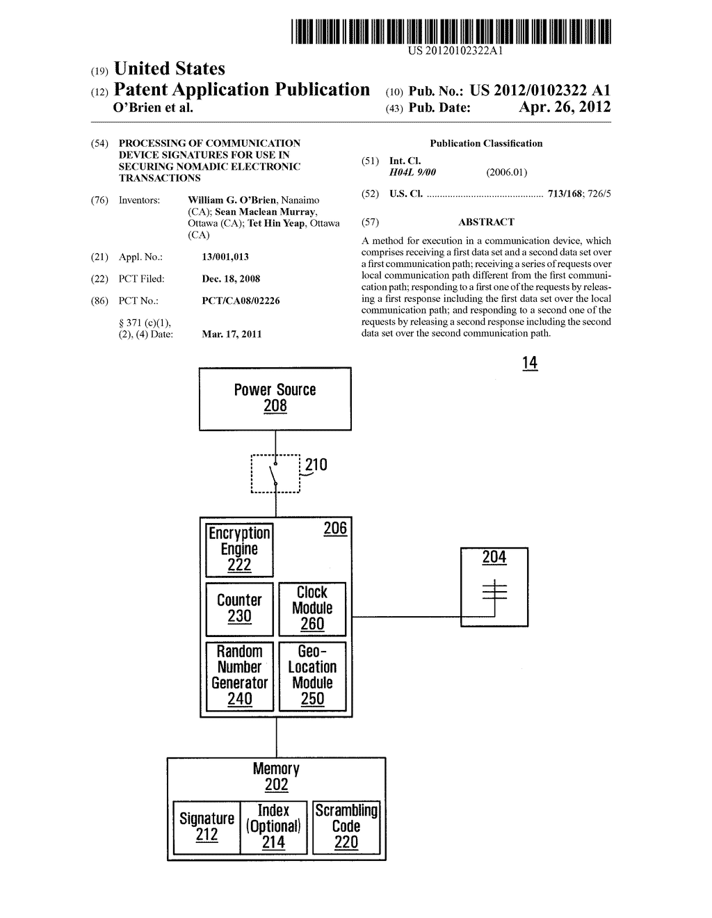 PROCESSING OF COMMUNICATION DEVICE SIGNATURES FOR USE IN SECURING NOMADIC     ELECTRONIC TRANSACTIONS - diagram, schematic, and image 01