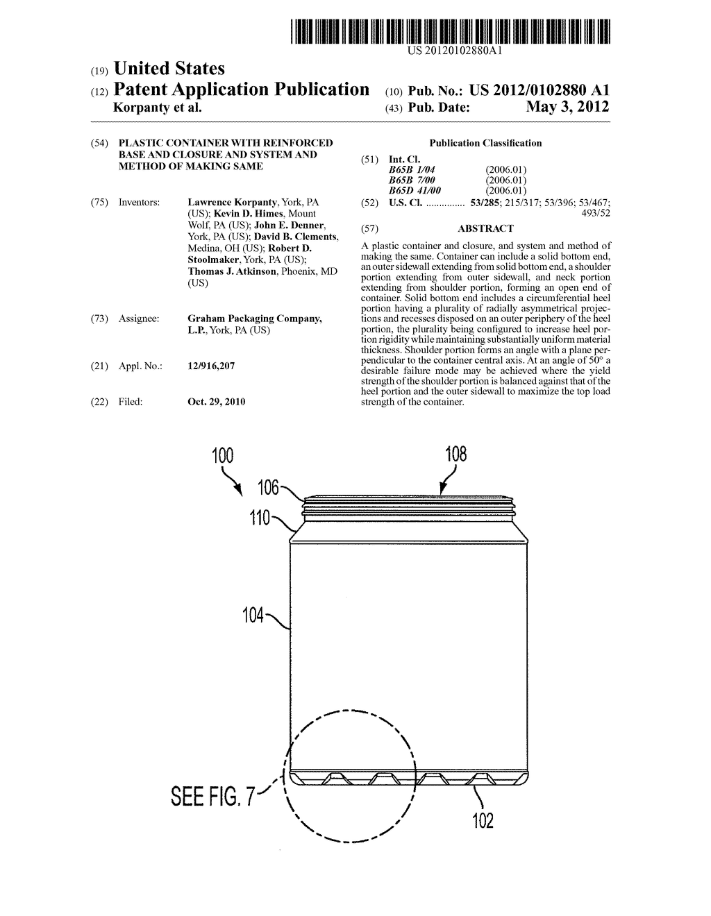 PLASTIC CONTAINER WITH REINFORCED BASE AND CLOSURE AND SYSTEM AND METHOD     OF MAKING SAME - diagram, schematic, and image 01