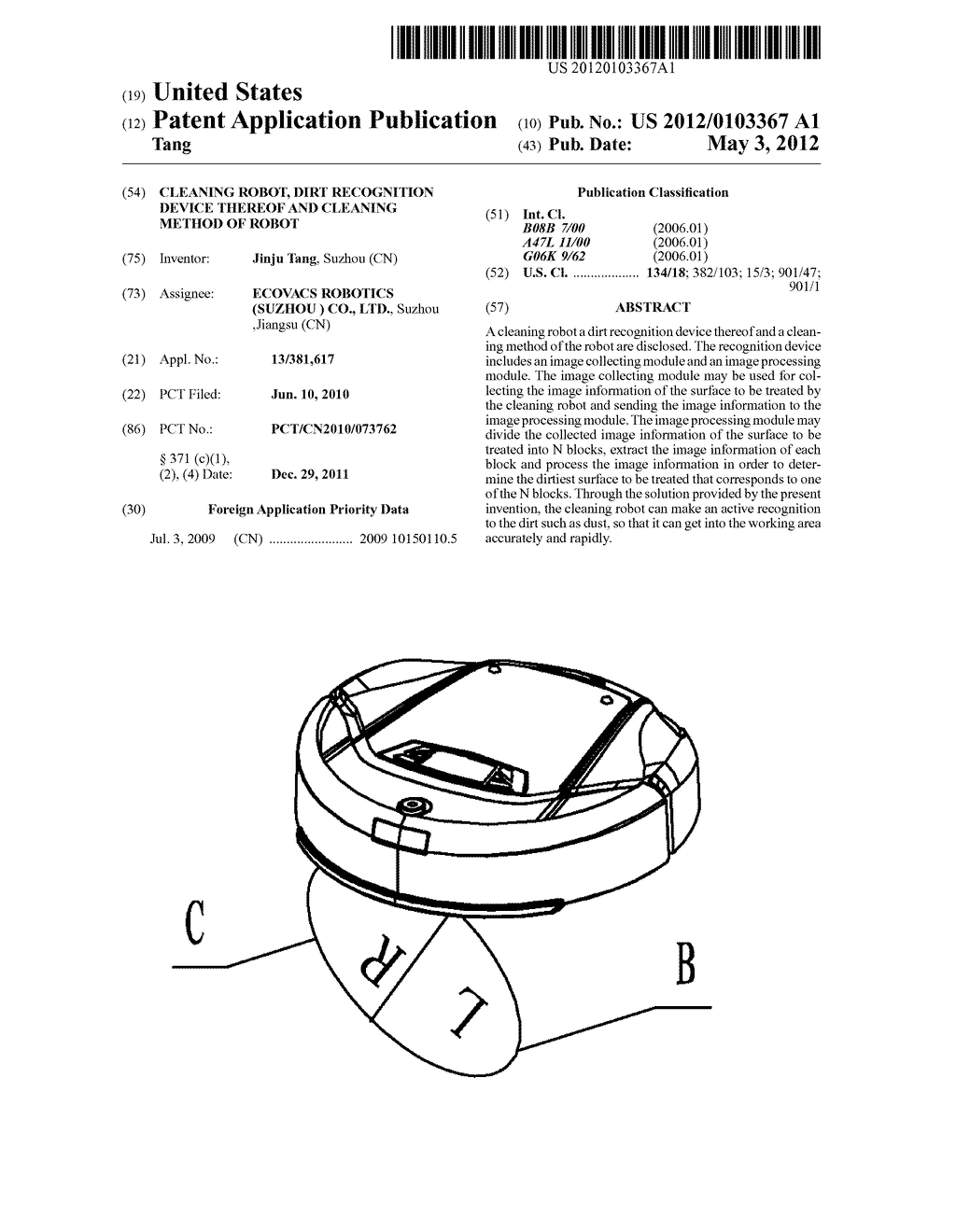 CLEANING ROBOT, DIRT RECOGNITION DEVICE THEREOF AND CLEANING METHOD OF     ROBOT - diagram, schematic, and image 01