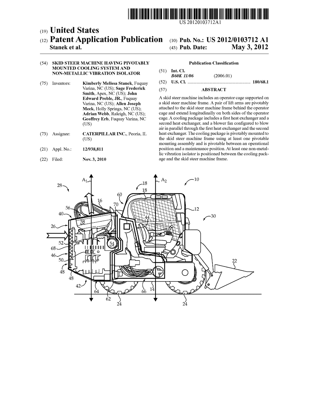 SKID STEER MACHINE HAVING PIVOTABLY MOUNTED COOLING SYSTEM AND     NON-METALLIC VIBRATION ISOLATOR - diagram, schematic, and image 01