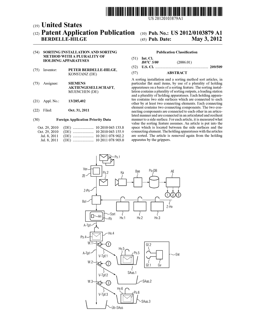 SORTING INSTALLATION AND SORTING METHOD WITH A PLURALITY OF HOLDING     APPARATUSES - diagram, schematic, and image 01