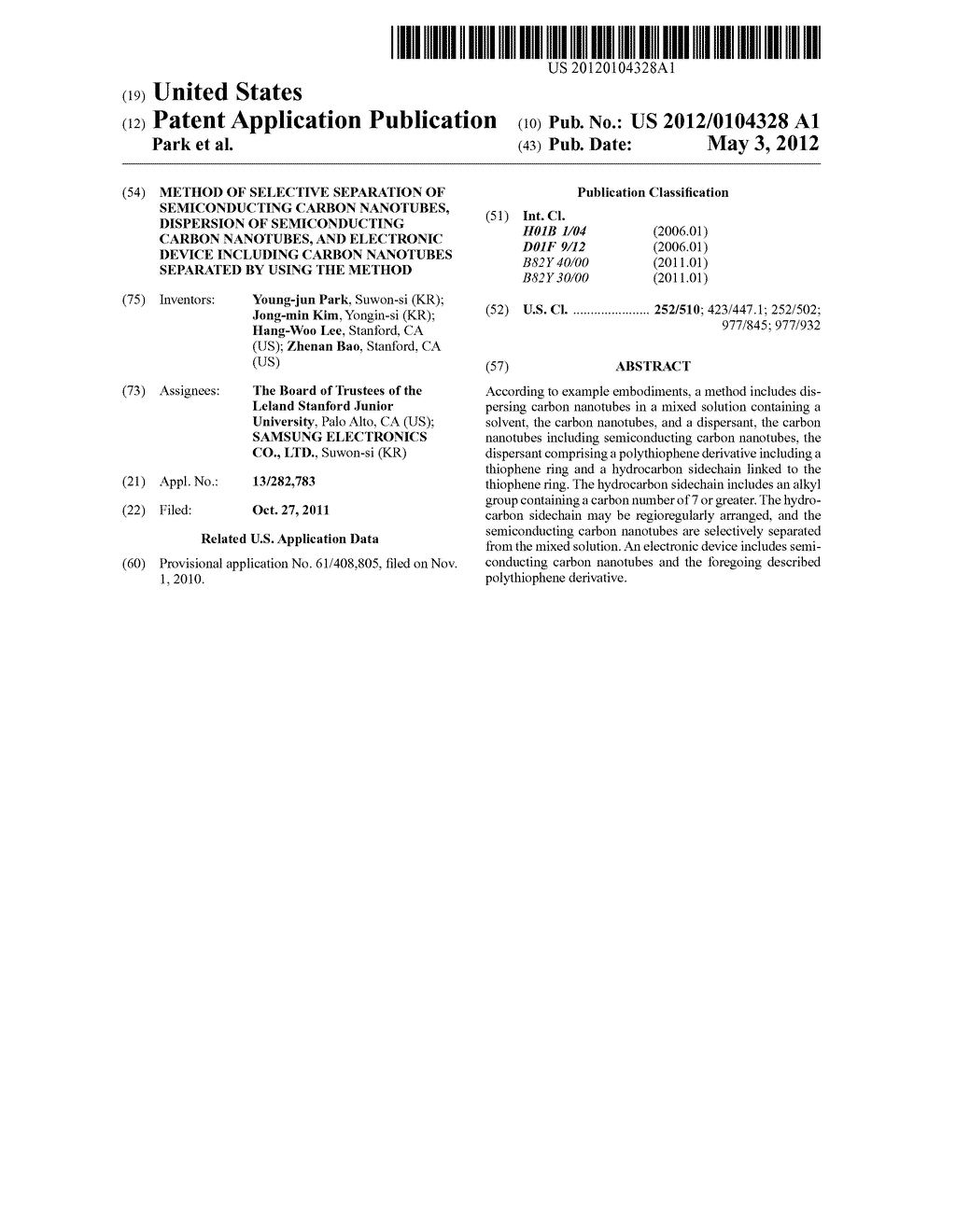 Method of Selective Separation Of Semiconducting Carbon Nanotubes,     Dispersion Of Semiconducting Carbon Nanotubes, And Electronic Device     Including Carbon Nanotubes Separated By Using The Method - diagram, schematic, and image 01