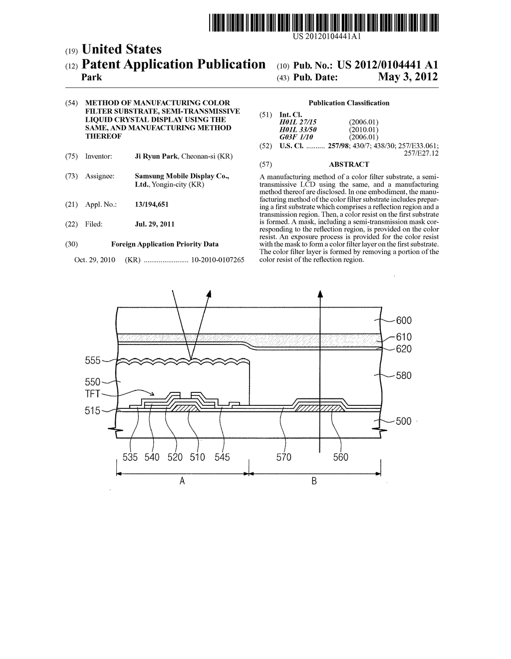 METHOD OF MANUFACTURING COLOR FILTER SUBSTRATE, SEMI-TRANSMISSIVE LIQUID     CRYSTAL DISPLAY USING THE SAME, AND MANUFACTURING METHOD THEREOF - diagram, schematic, and image 01