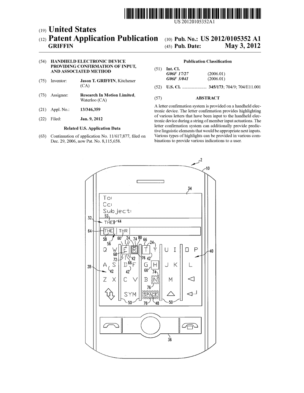 HANDHELD ELECTRONIC DEVICE PROVIDING CONFIRMATION OF INPUT, AND ASSOCIATED     METHOD - diagram, schematic, and image 01