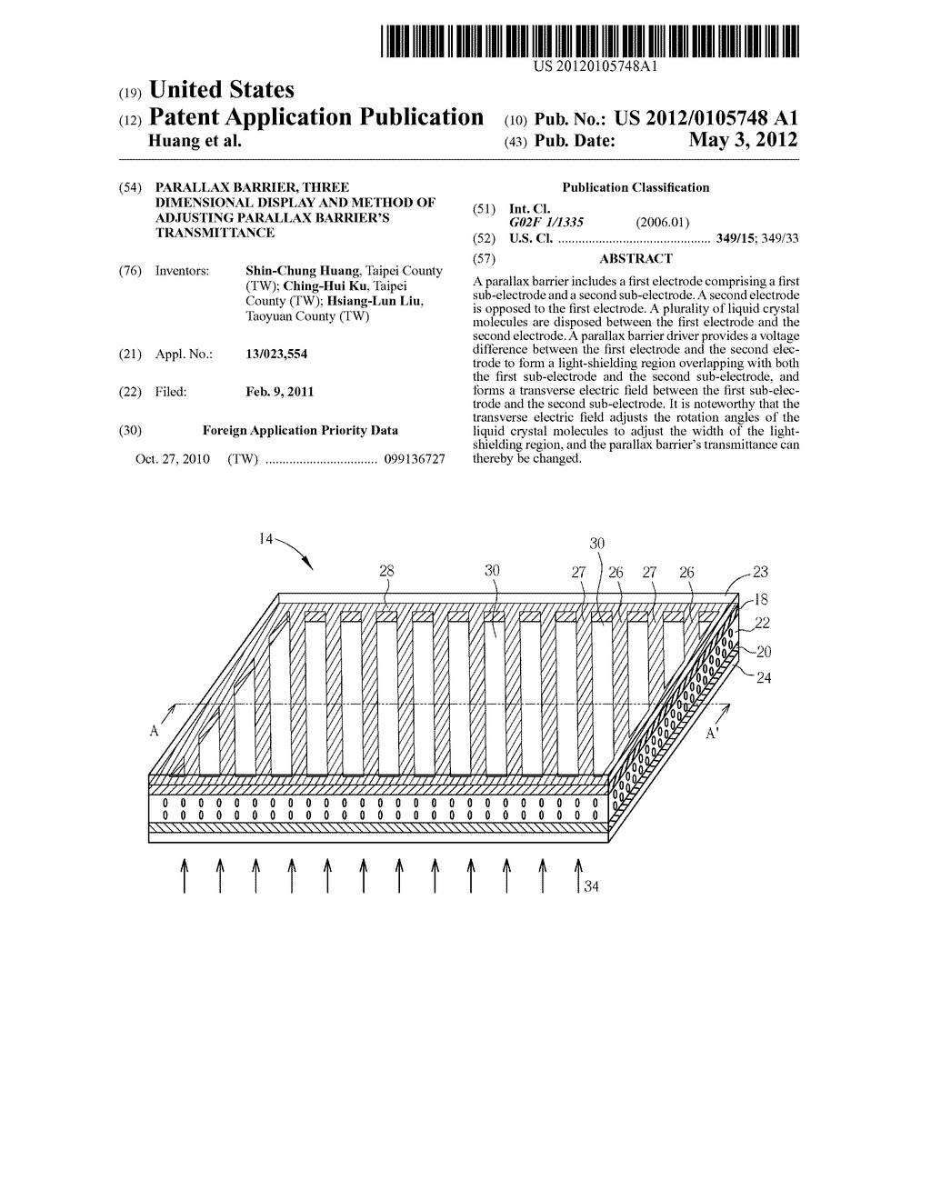 PARALLAX BARRIER, THREE DIMENSIONAL DISPLAY AND METHOD OF ADJUSTING     PARALLAX BARRIER'S TRANSMITTANCE - diagram, schematic, and image 01