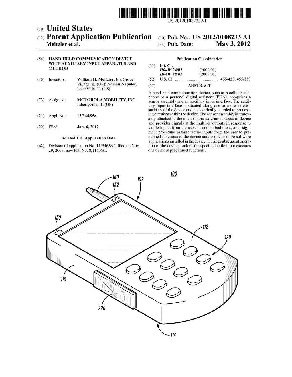 Hand-Held Communication Device with Auxiliary Input Apparatus and Method - diagram, schematic, and image 01