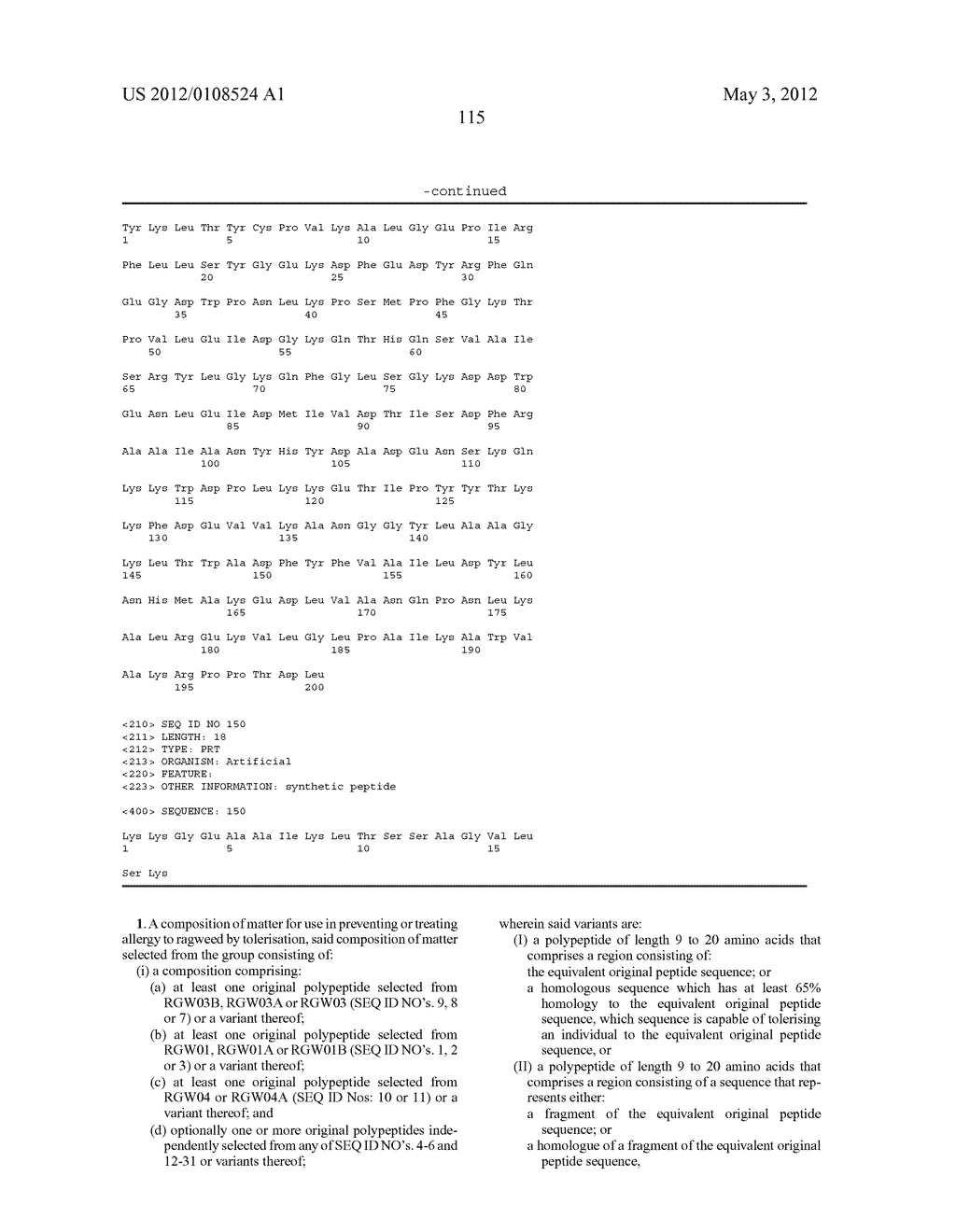 VACCINE COMPRISING AMB A 1 PEPTIDES FOR USE IN THE TREATMENT OF RAGWEED     ALLERGY - diagram, schematic, and image 119