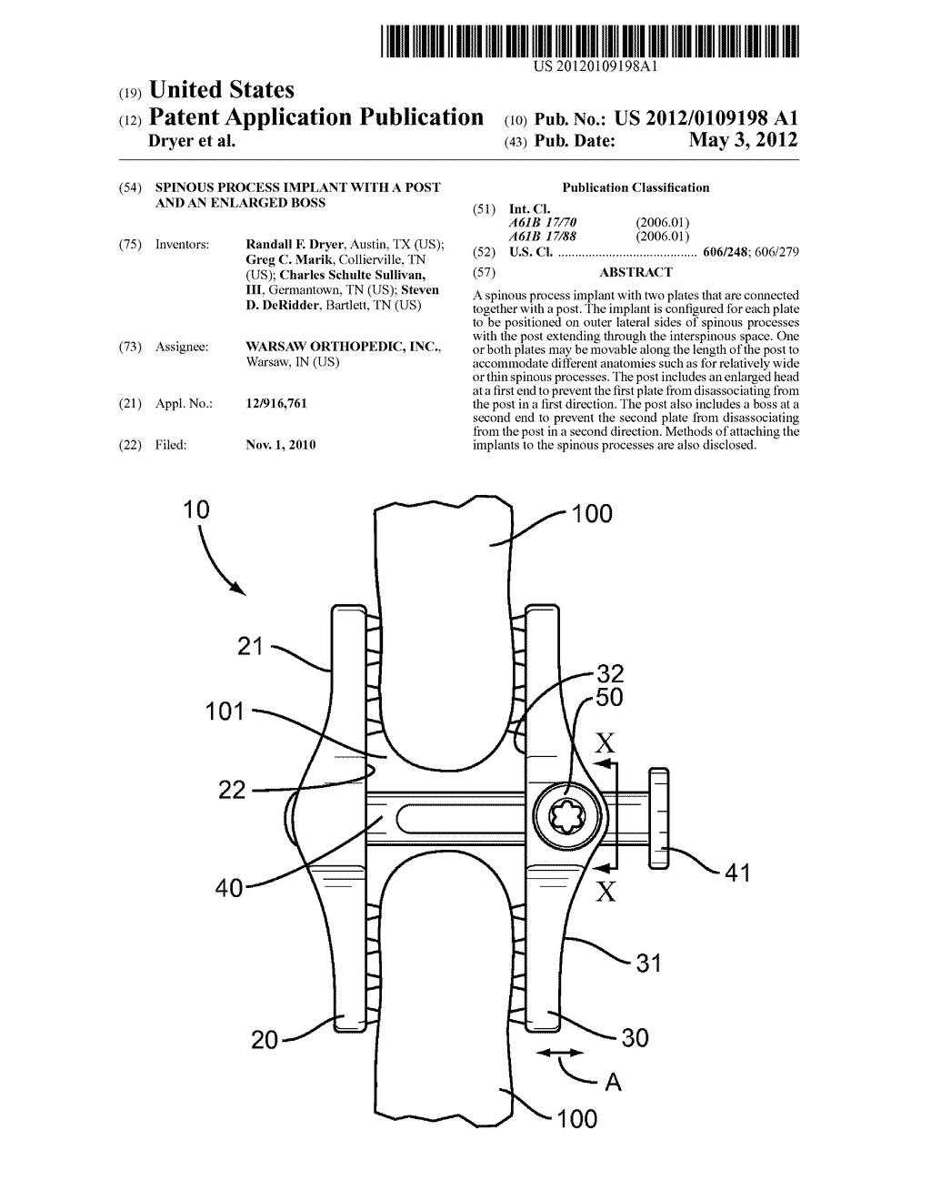 SPINOUS PROCESS IMPLANT WITH A POST AND AN ENLARGED BOSS - diagram, schematic, and image 01