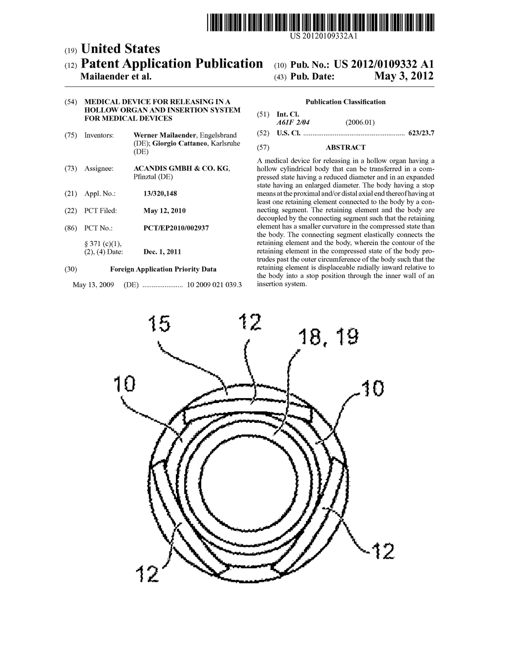 MEDICAL DEVICE FOR RELEASING IN A HOLLOW ORGAN AND INSERTION SYSTEM FOR     MEDICAL DEVICES - diagram, schematic, and image 01