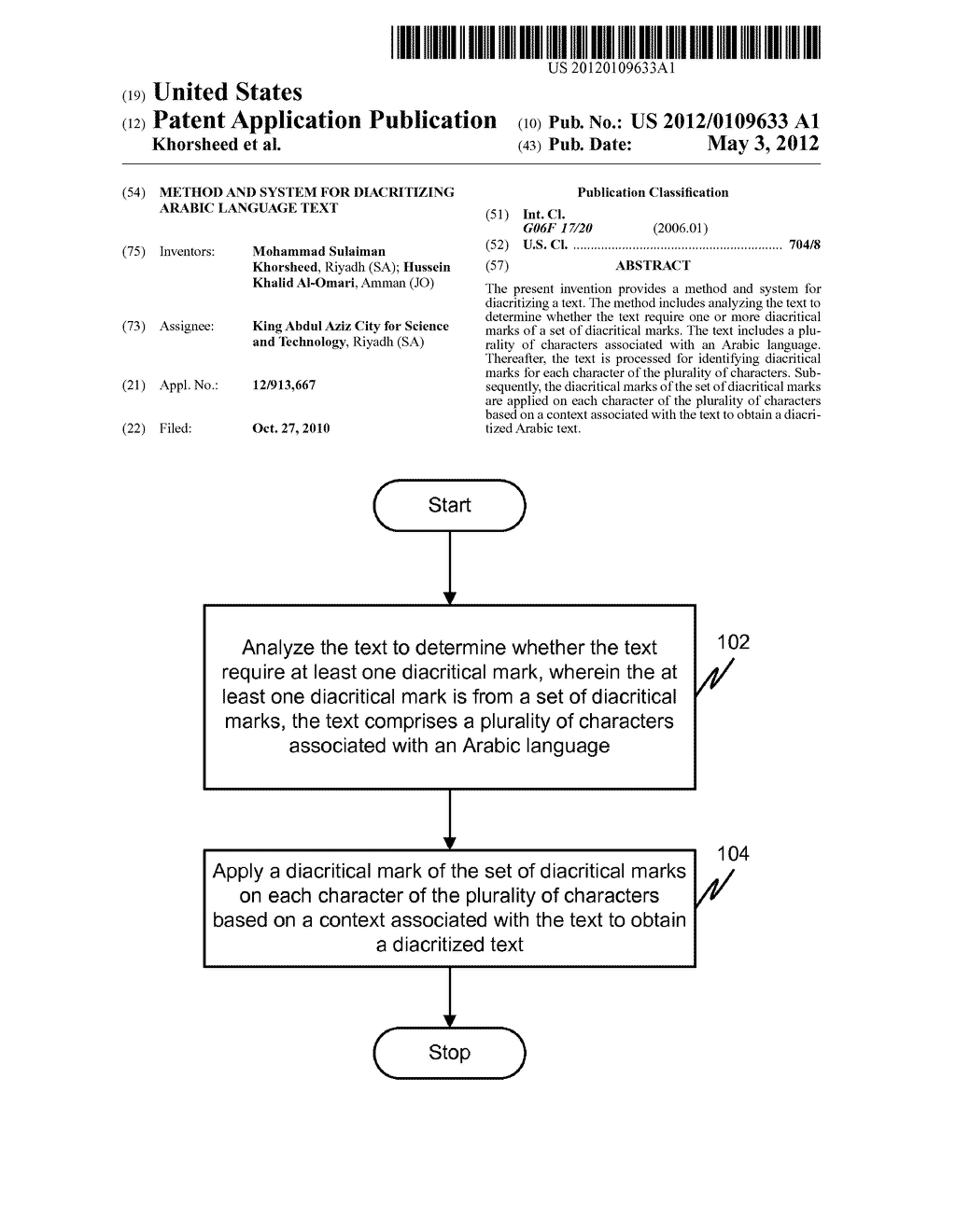 METHOD AND SYSTEM FOR DIACRITIZING ARABIC LANGUAGE TEXT - diagram, schematic, and image 01