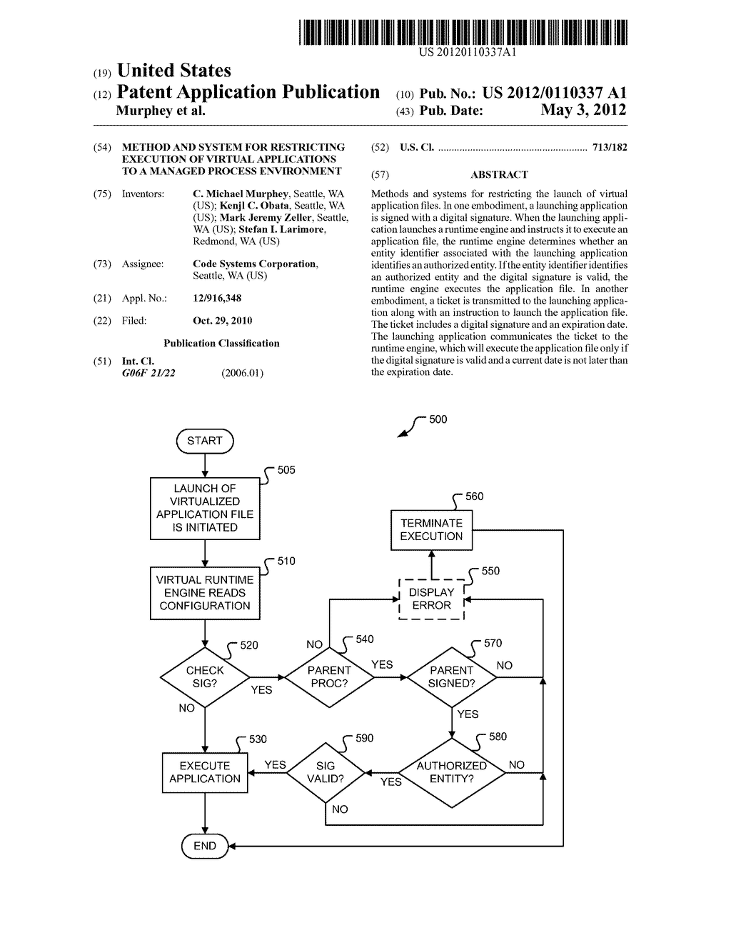 METHOD AND SYSTEM FOR RESTRICTING EXECUTION OF VIRTUAL APPLICATIONS TO A     MANAGED PROCESS ENVIRONMENT - diagram, schematic, and image 01