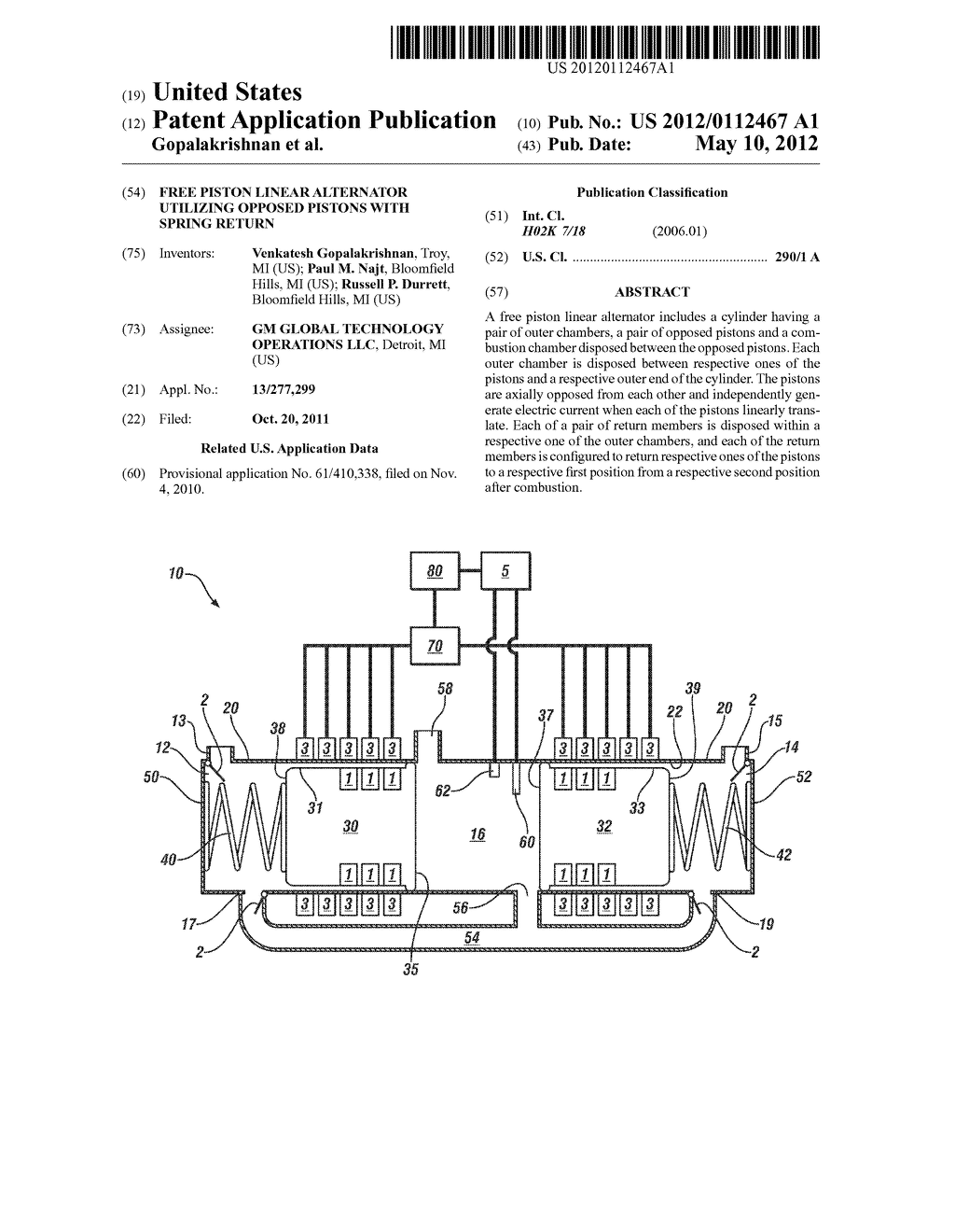 FREE PISTON LINEAR ALTERNATOR UTILIZING OPPOSED PISTONS WITH SPRING RETURN - diagram, schematic, and image 01