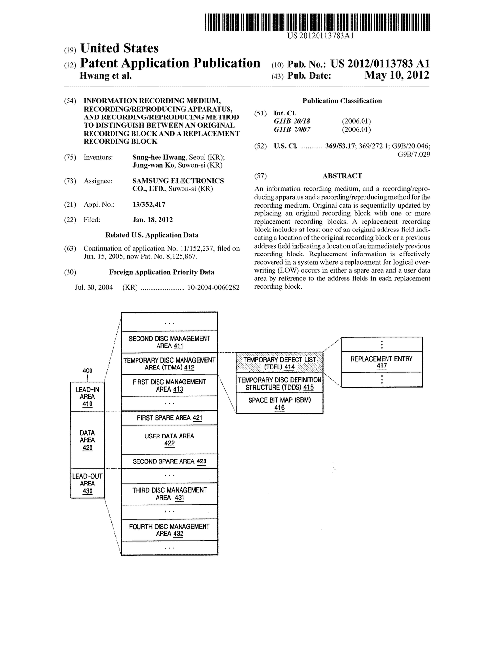 INFORMATION RECORDING MEDIUM, RECORDING/REPRODUCING APPARATUS, AND     RECORDING/REPRODUCING METHOD TO DISTINGUISH BETWEEN AN ORIGINAL RECORDING     BLOCK AND A REPLACEMENT RECORDING BLOCK - diagram, schematic, and image 01