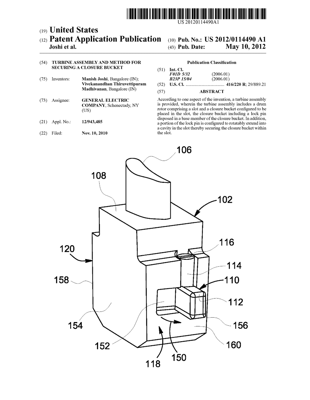 TURBINE ASSEMBLY AND METHOD FOR SECURING A CLOSURE BUCKET - diagram, schematic, and image 01