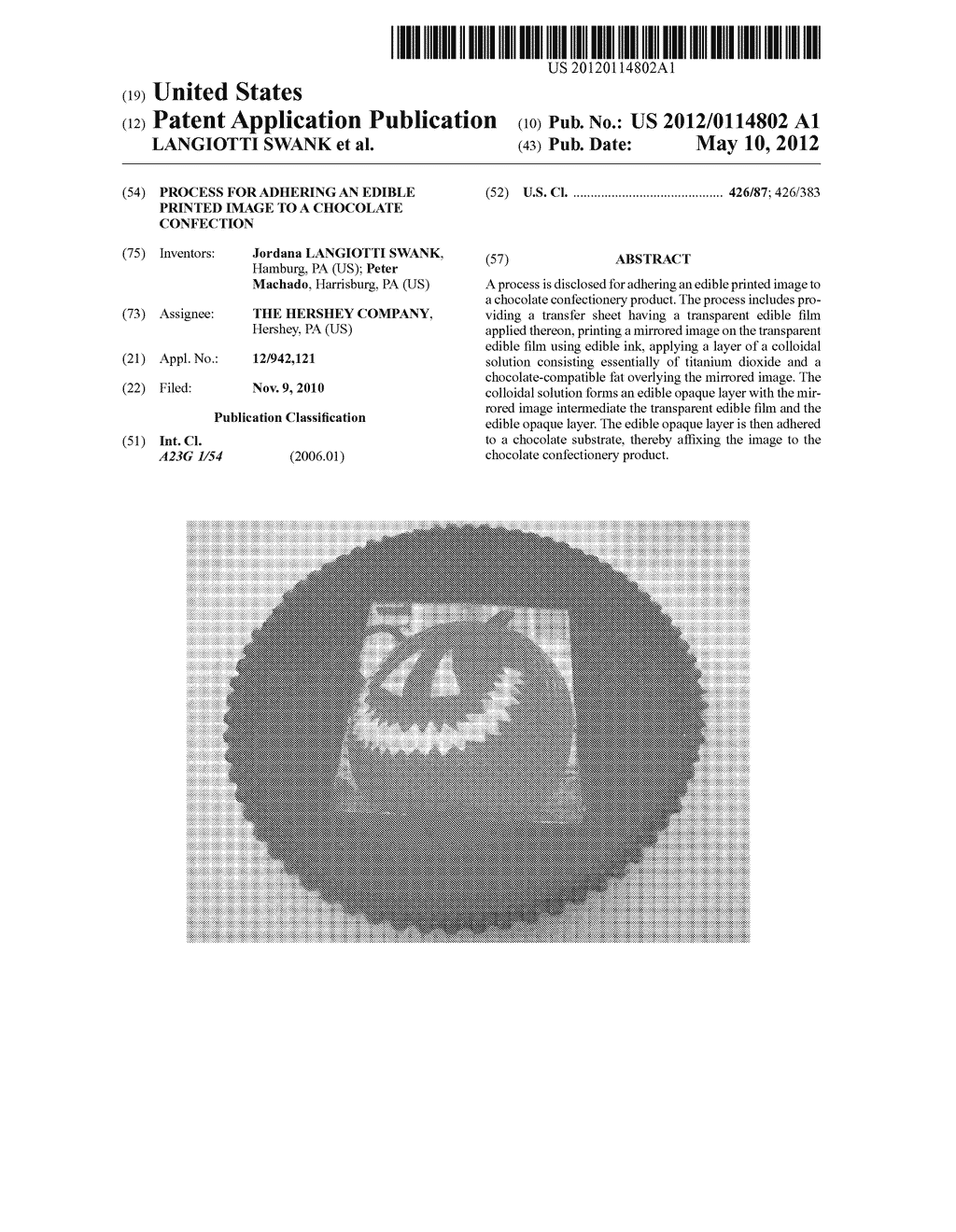 PROCESS FOR ADHERING AN EDIBLE PRINTED IMAGE TO A CHOCOLATE CONFECTION - diagram, schematic, and image 01