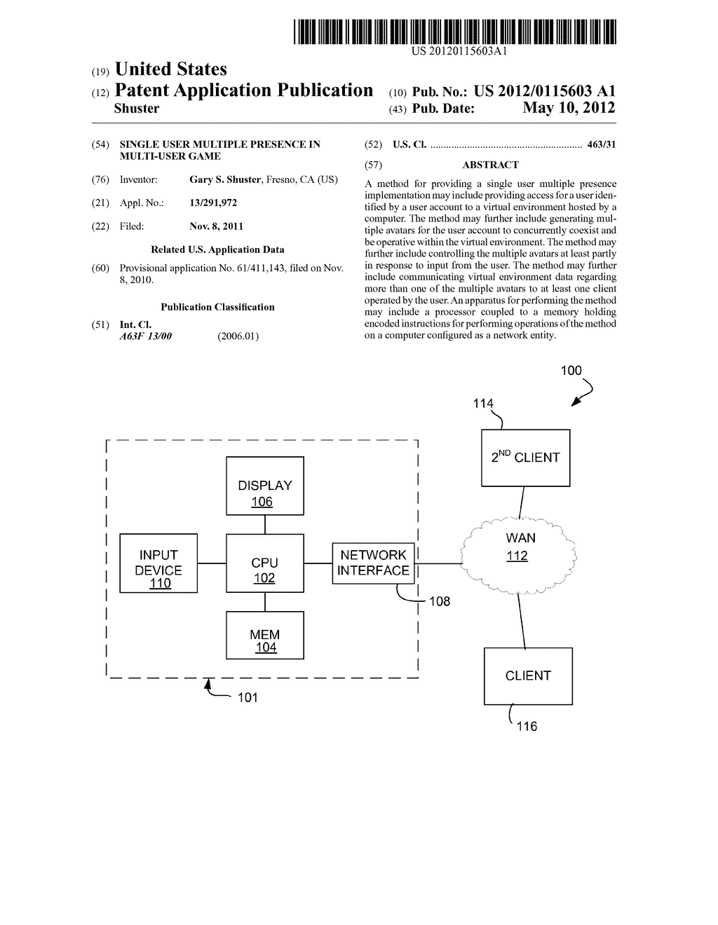 SINGLE USER MULTIPLE PRESENCE IN MULTI-USER GAME - diagram, schematic, and image 01