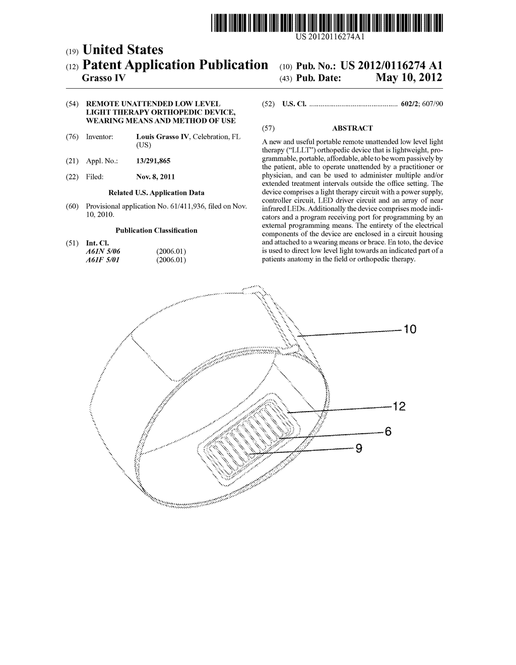 REMOTE UNATTENDED LOW LEVEL LIGHT THERAPY ORTHOPEDIC DEVICE, WEARING MEANS     AND METHOD OF USE - diagram, schematic, and image 01