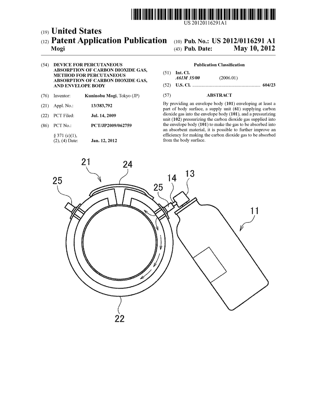 DEVICE FOR PERCUTANEOUS ABSORPTION OF CARBON DIOXIDE GAS, METHOD FOR     PERCUTANEOUS ABSORPTION OF CARBON DIOXIDE GAS, AND ENVELOPE BODY - diagram, schematic, and image 01