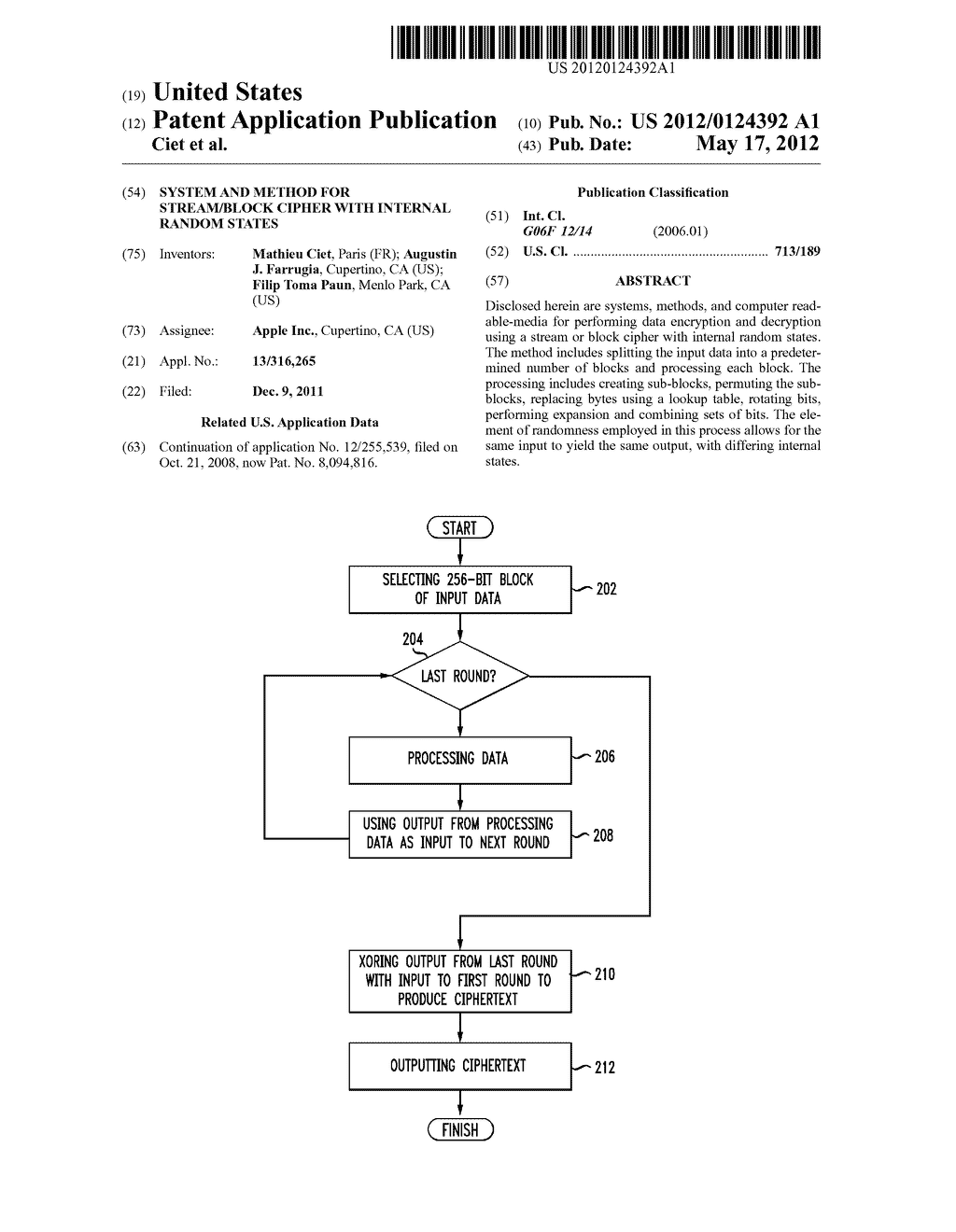 SYSTEM AND METHOD FOR STREAM/BLOCK CIPHER WITH INTERNAL RANDOM STATES - diagram, schematic, and image 01