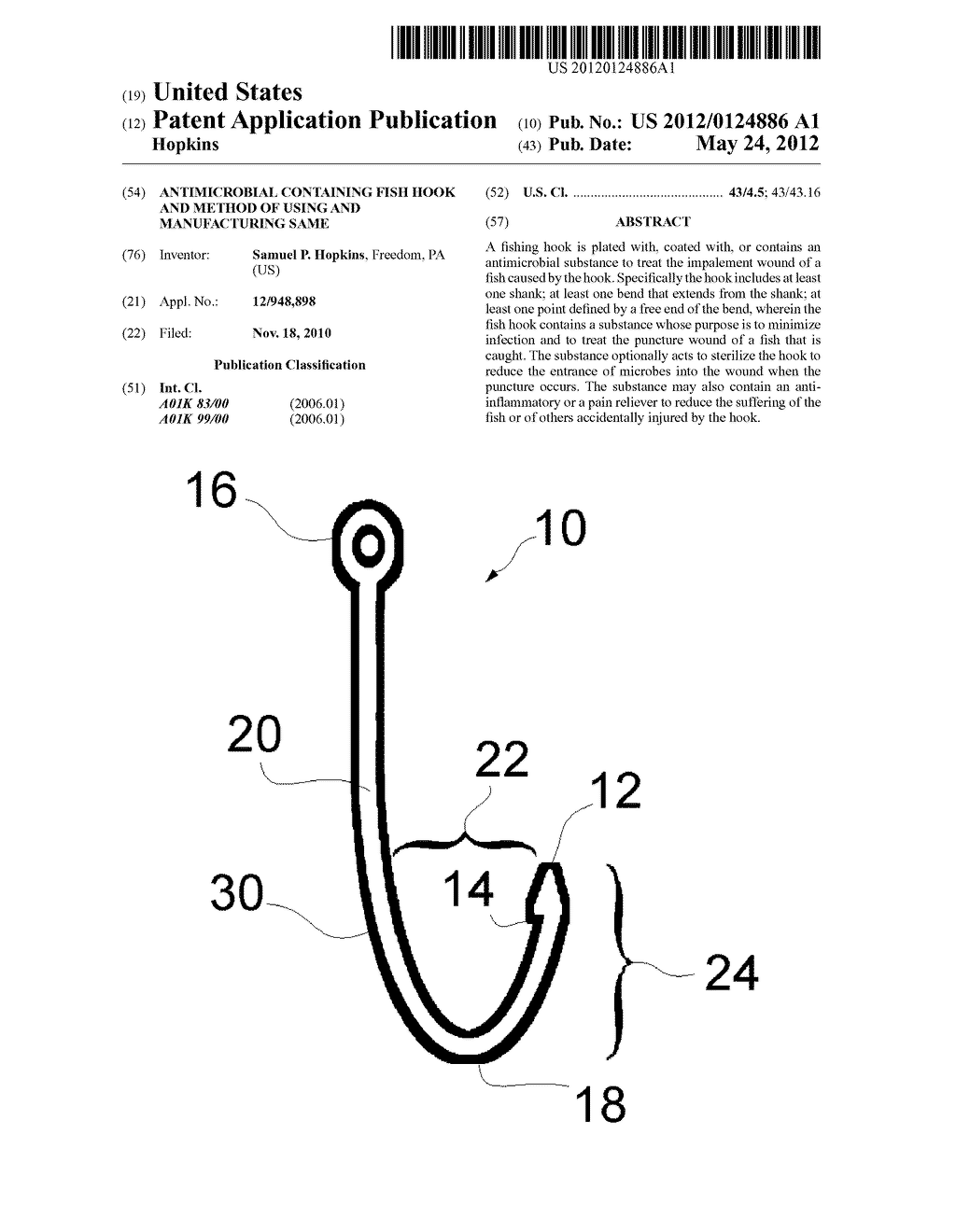 ANTIMICROBIAL CONTAINING FISH HOOK AND METHOD OF USING AND MANUFACTURING     SAME - diagram, schematic, and image 01