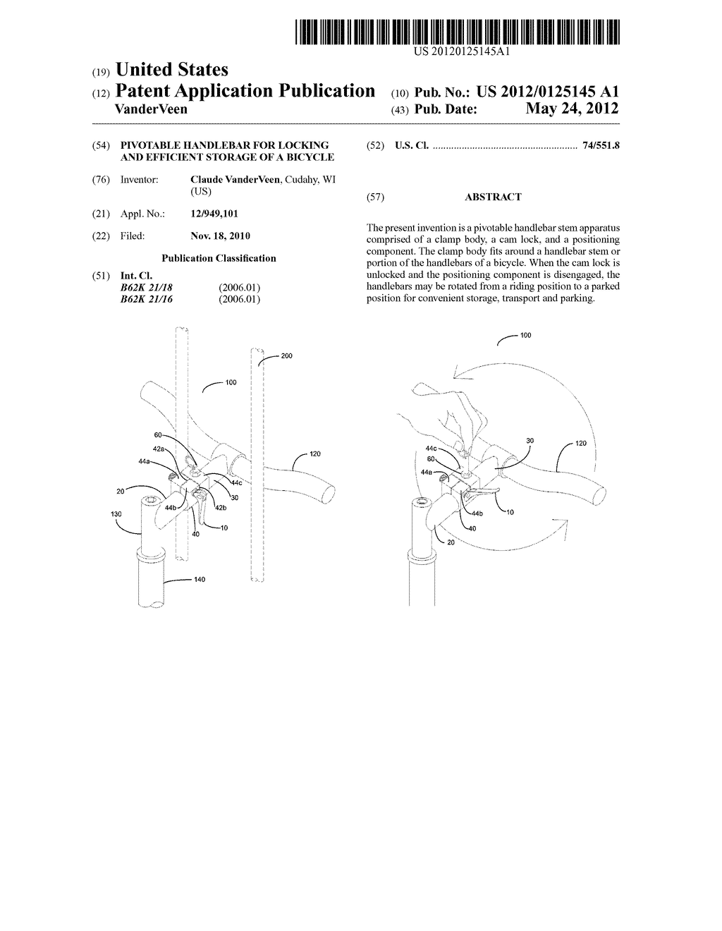 Pivotable Handlebar for Locking and Efficient Storage of a Bicycle - diagram, schematic, and image 01