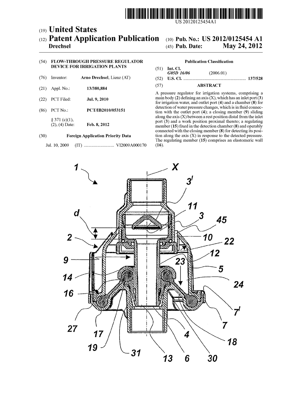 Flow-through pressure regulator device for irrigation plants - diagram, schematic, and image 01