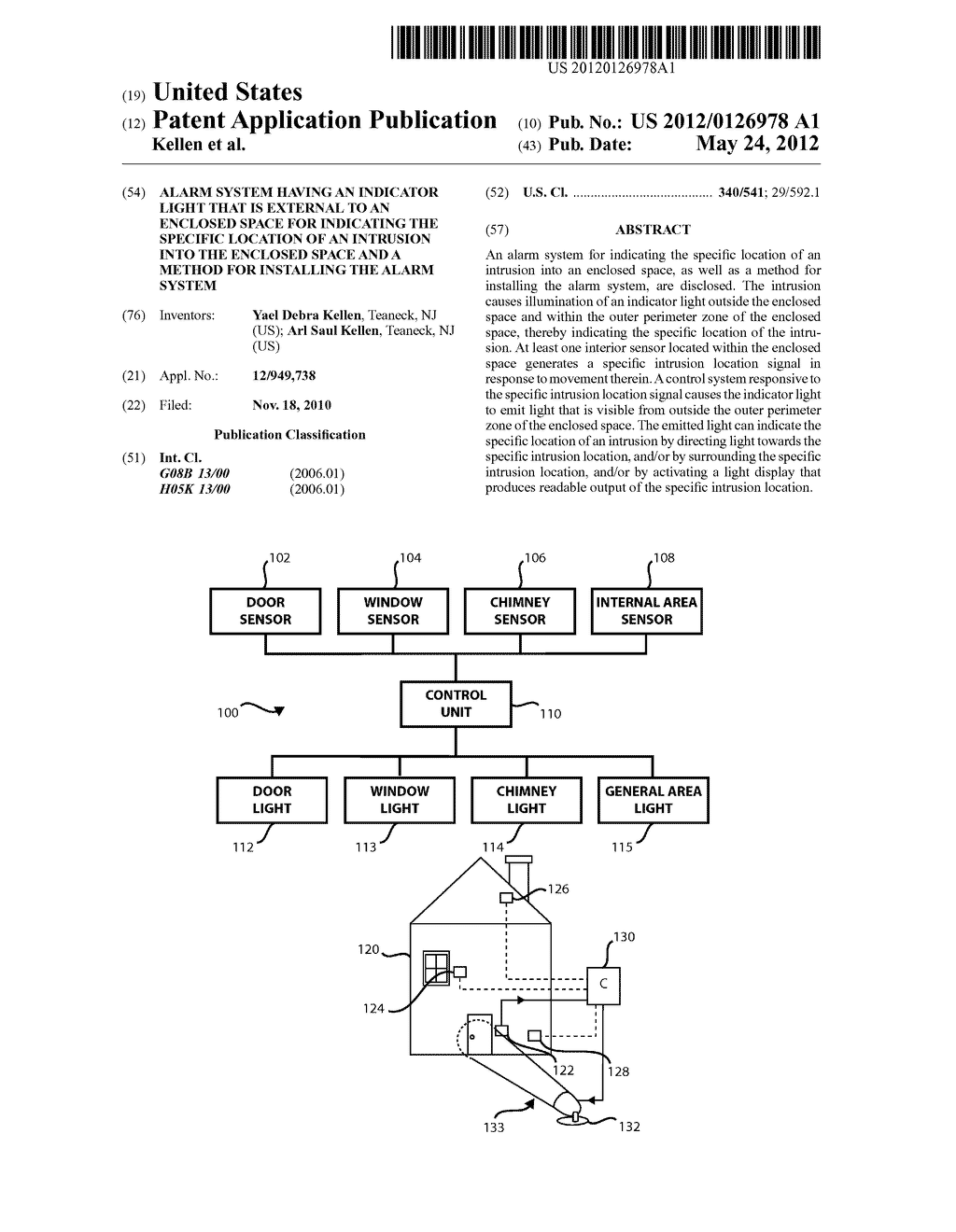 ALARM SYSTEM HAVING AN INDICATOR LIGHT THAT IS EXTERNAL TO AN ENCLOSED     SPACE FOR INDICATING THE SPECIFIC LOCATION OF AN INTRUSION INTO THE     ENCLOSED SPACE AND A METHOD FOR INSTALLING THE ALARM SYSTEM - diagram, schematic, and image 01