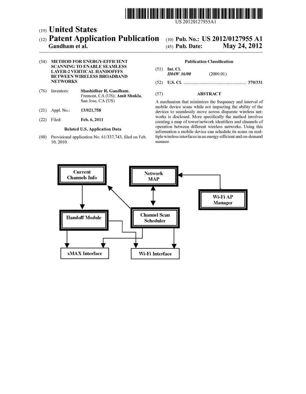 METHOD FOR ENERGY-EFFICIENT SCANNING TO ENABLE SEAMLESS LAYER-2 VERTICAL     HANDOFFFS BETWEEN WIRELESS BROADBAND NETWORKS - diagram, schematic, and image 01