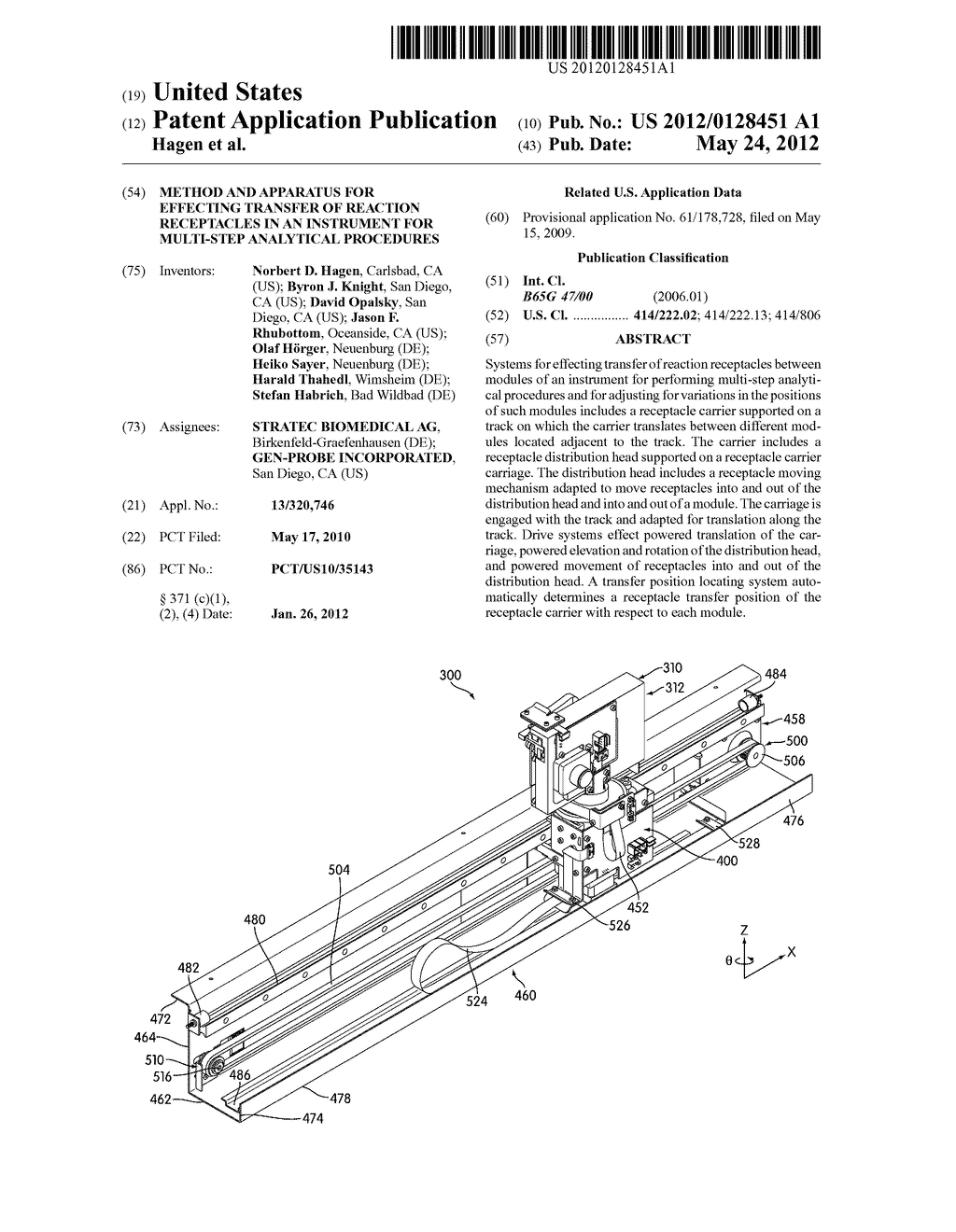 METHOD AND APPARATUS FOR EFFECTING TRANSFER OF REACTION RECEPTACLES IN AN     INSTRUMENT FOR MULTI-STEP ANALYTICAL PROCEDURES - diagram, schematic, and image 01