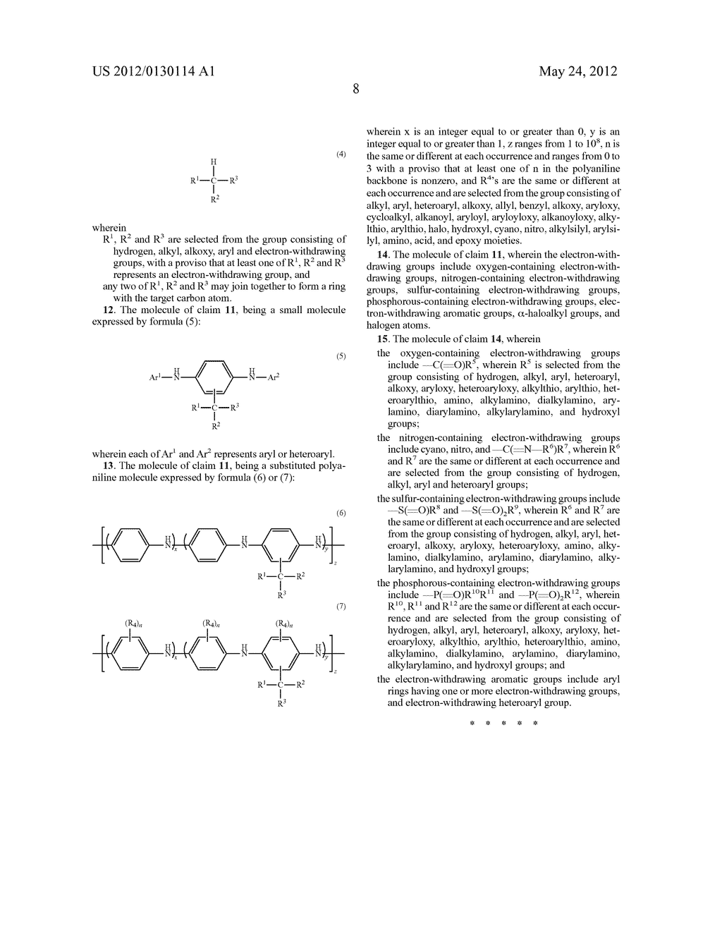 METHOD FOR DIRECT FUNCTIONALIZATION OF POLYANILINE AND OTHER MOLECULES     HAVING DIIMINOQUINOID RING VIA C-C BOND FORMATION, AND PRODUCT YIELDED     THEREWITH - diagram, schematic, and image 09