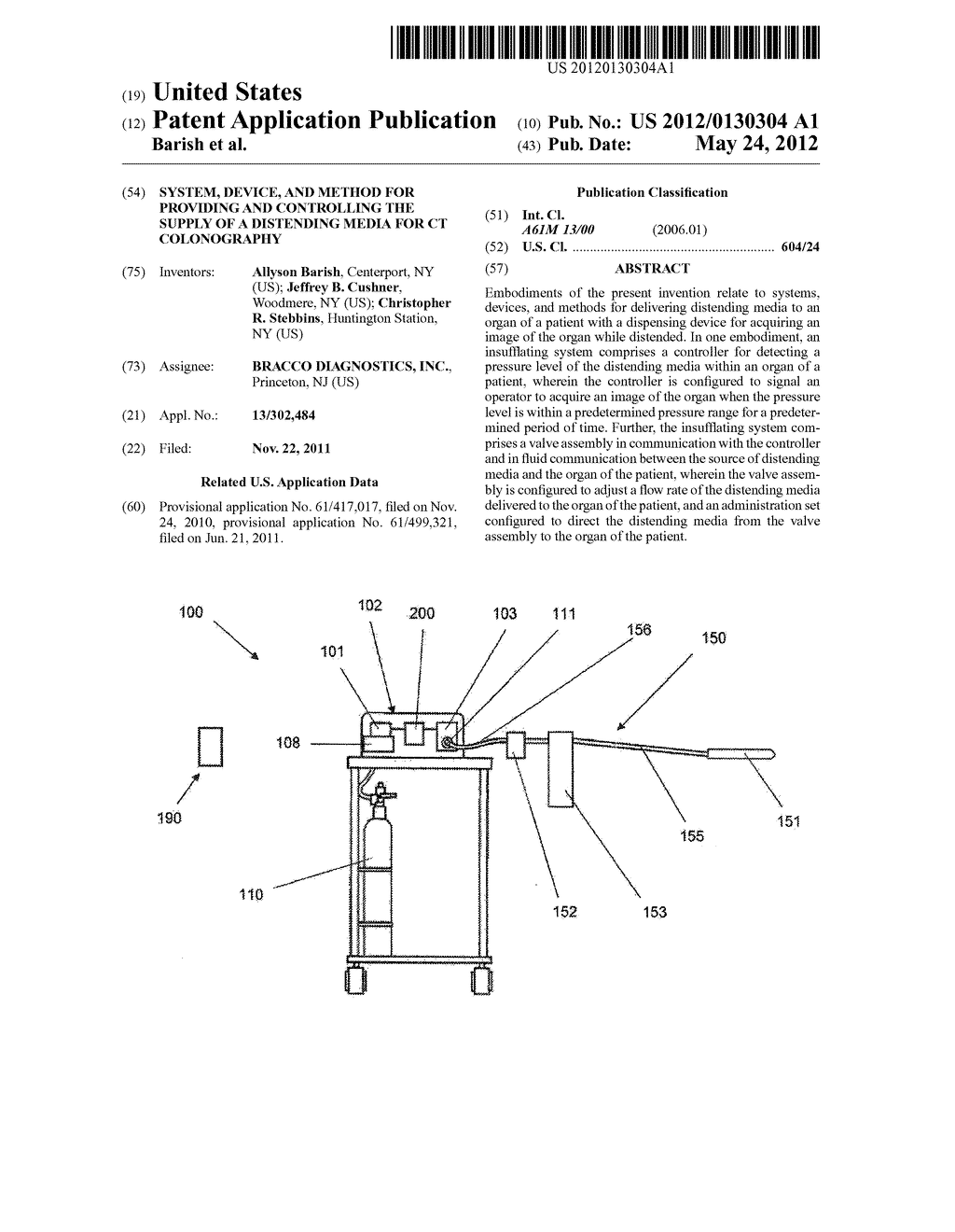 SYSTEM, DEVICE, AND METHOD FOR PROVIDING AND CONTROLLING THE SUPPLY OF A     DISTENDING MEDIA FOR CT COLONOGRAPHY - diagram, schematic, and image 01