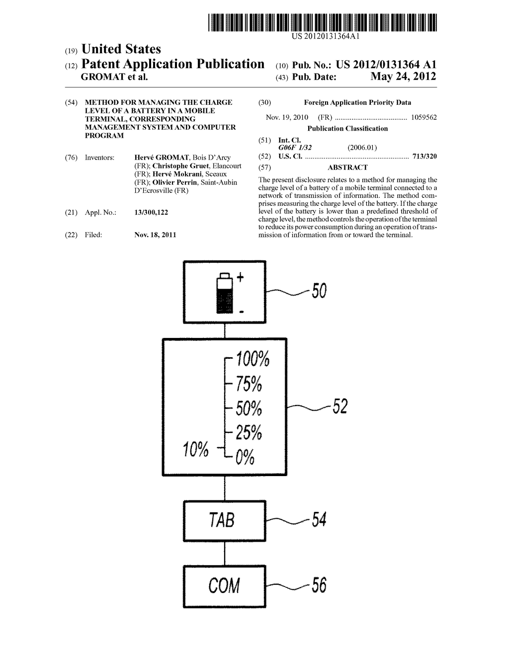 Method For Managing the Charge Level of a Battery in a Mobile Terminal,     Corresponding Management System and Computer Program - diagram, schematic, and image 01