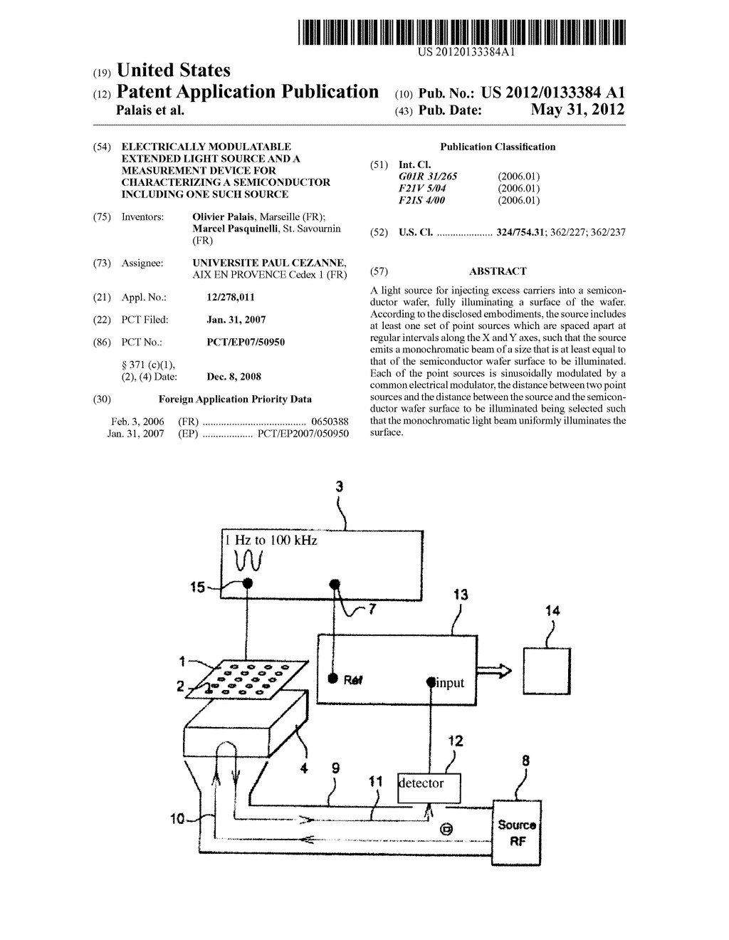 ELECTRICALLY MODULATABLE EXTENDED LIGHT SOURCE AND A MEASUREMENT DEVICE     FOR CHARACTERIZING A SEMICONDUCTOR INCLUDING ONE SUCH SOURCE - diagram, schematic, and image 01