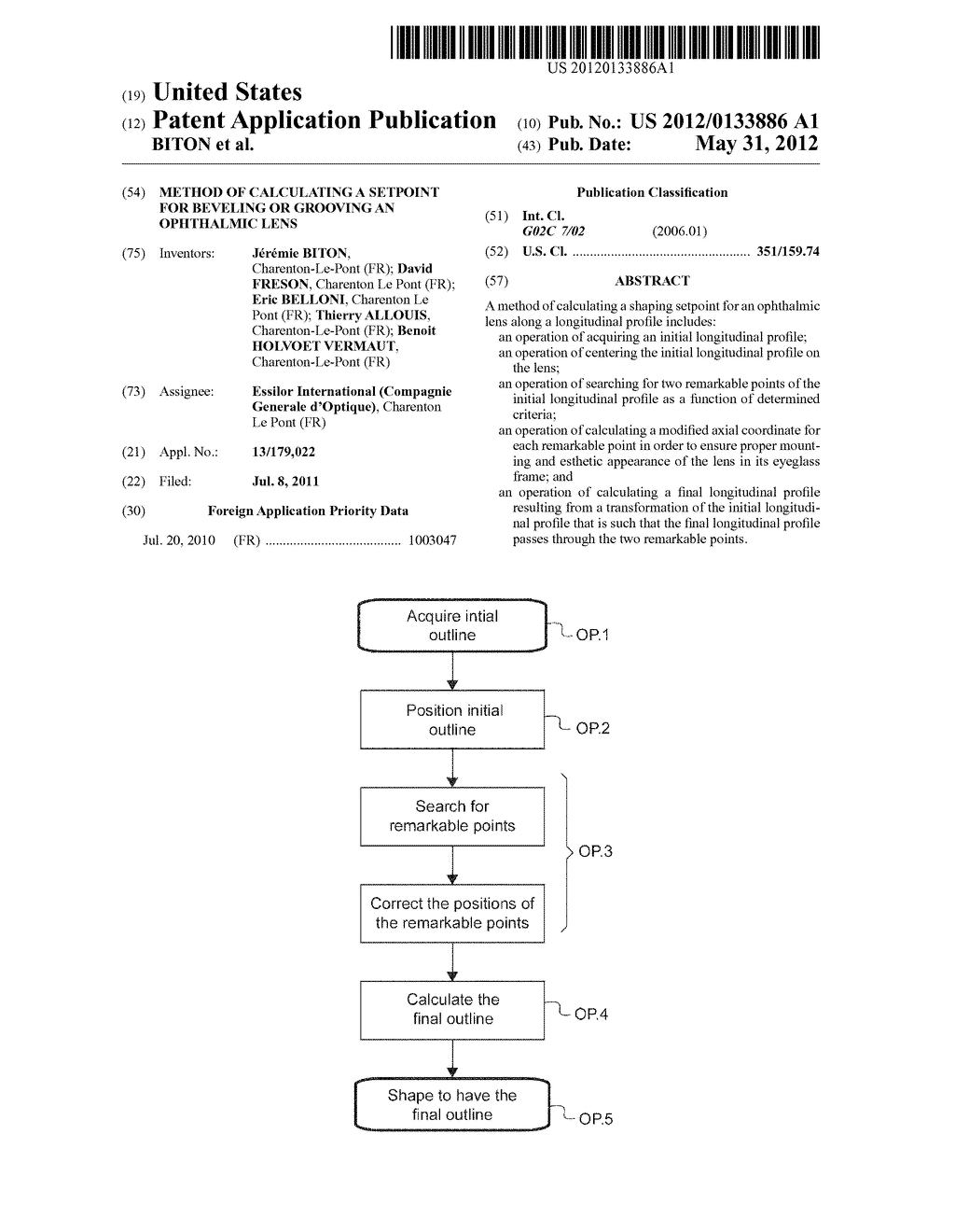 METHOD OF CALCULATING A SETPOINT FOR BEVELING OR GROOVING AN OPHTHALMIC     LENS - diagram, schematic, and image 01