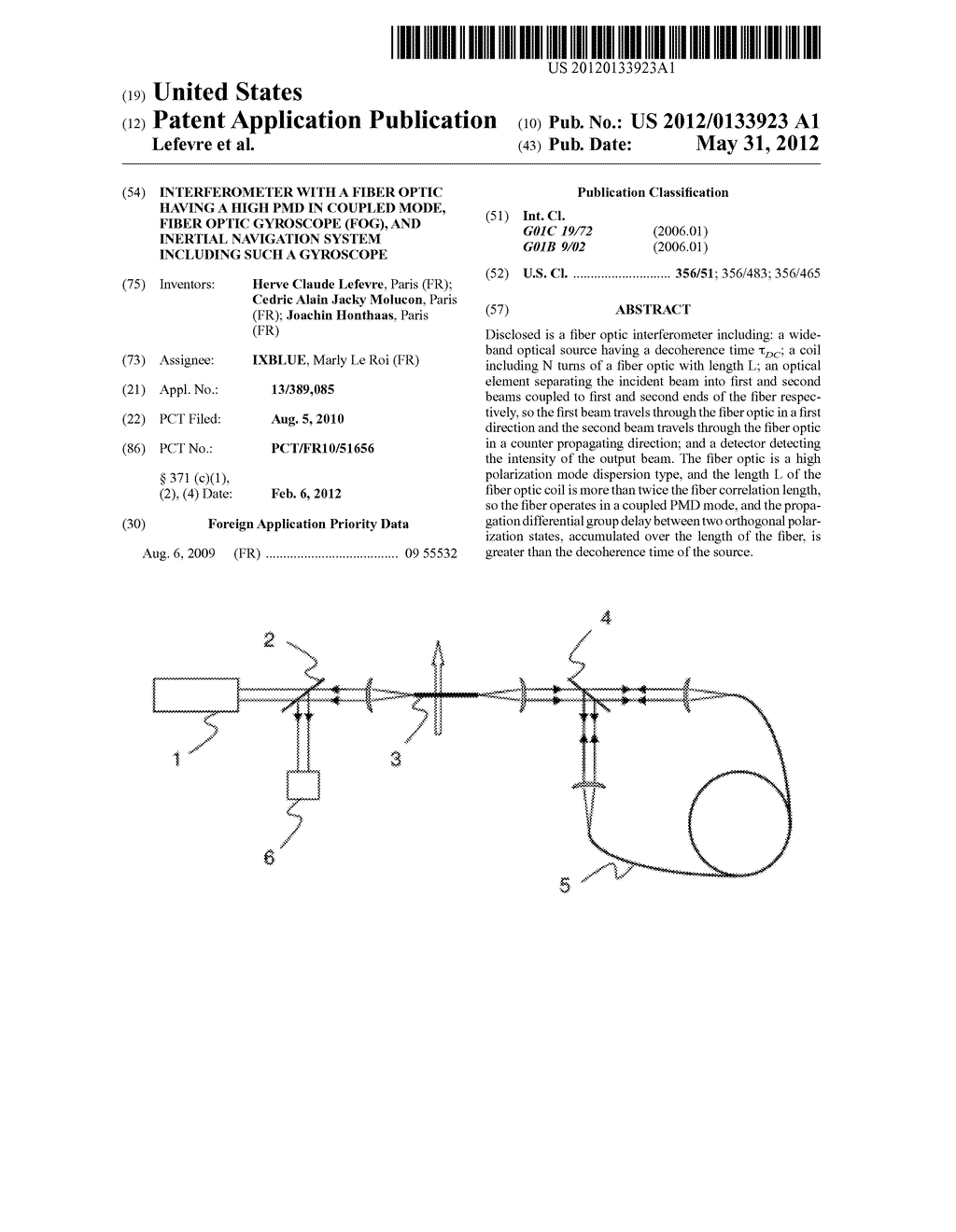 INTERFEROMETER WITH A FIBER OPTIC HAVING A HIGH PMD IN COUPLED MODE, FIBER     OPTIC GYROSCOPE (FOG), AND INERTIAL NAVIGATION SYSTEM INCLUDING SUCH A     GYROSCOPE - diagram, schematic, and image 01