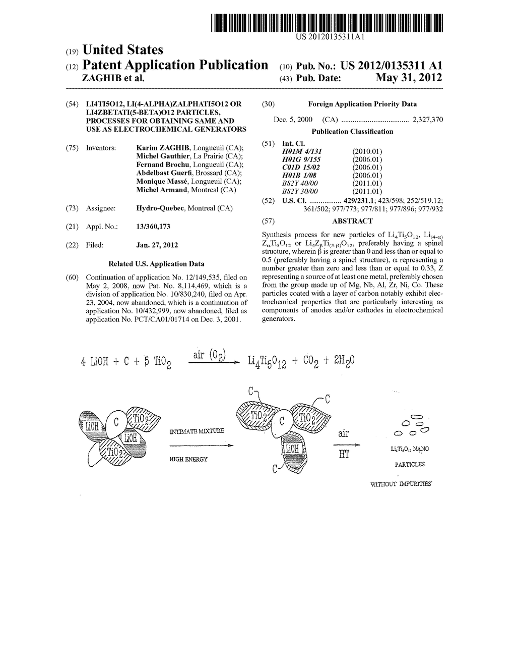 Li4Ti5O12, Li(4-alpha)ZalphaTi5O12 OR Li4ZbetaTi(5-beta)O12 PARTICLES,     PROCESSES FOR OBTAINING SAME AND USE AS ELECTROCHEMICAL GENERATORS - diagram, schematic, and image 01