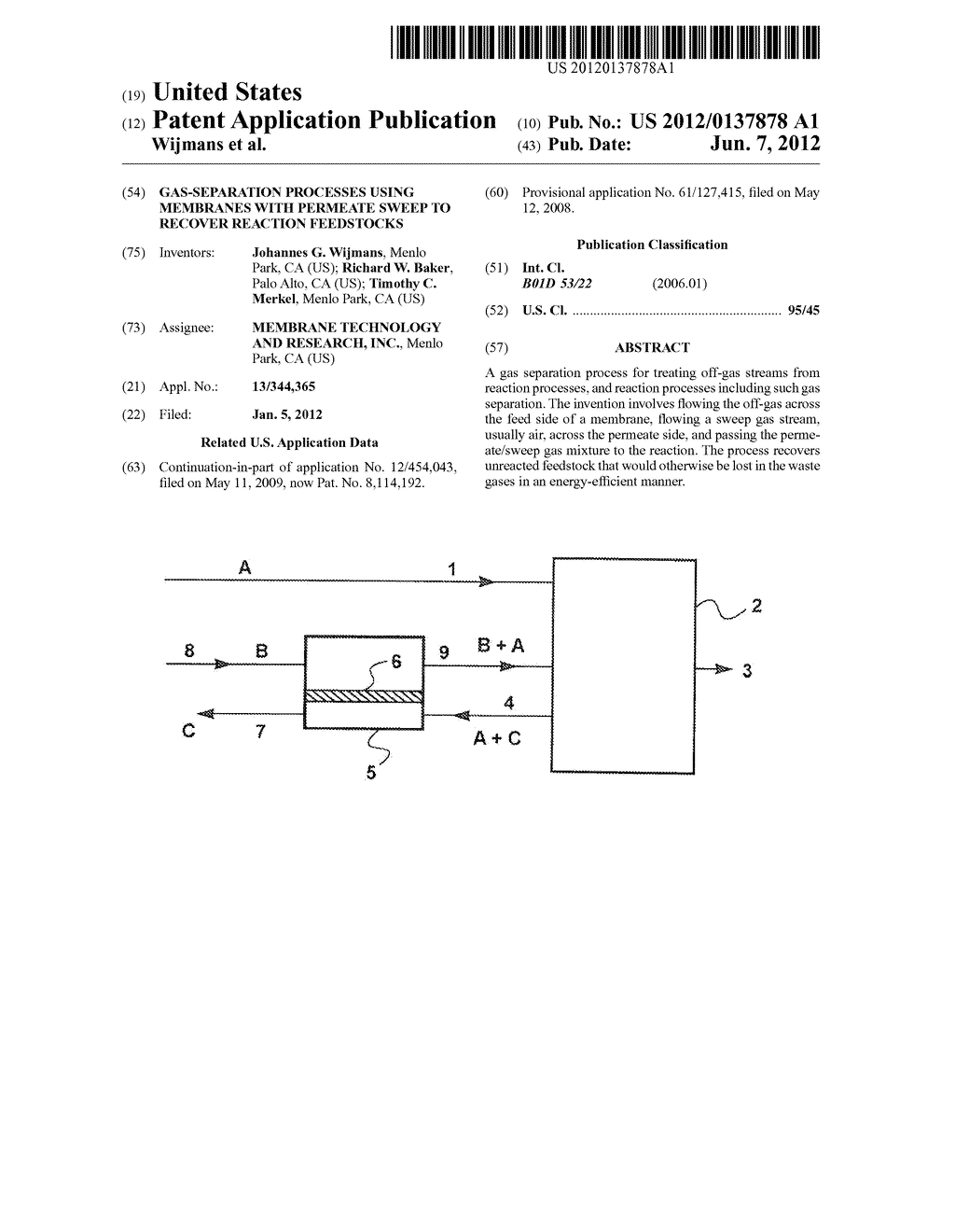 GAS-SEPARATION PROCESSES USING MEMBRANES WITH PERMEATE SWEEP TO RECOVER     REACTION FEEDSTOCKS - diagram, schematic, and image 01