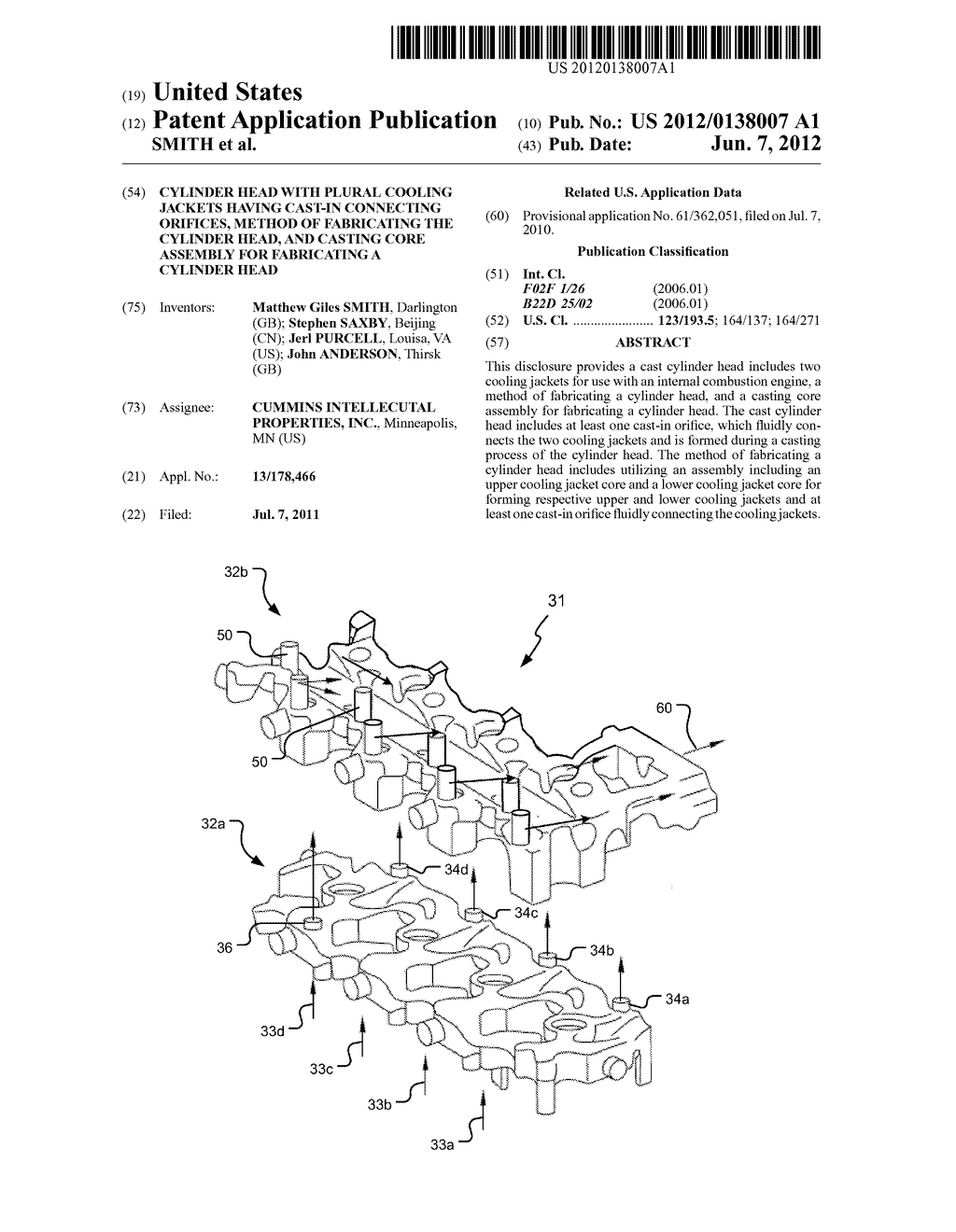 CYLINDER HEAD WITH PLURAL COOLING JACKETS HAVING CAST-IN CONNECTING     ORIFICES, METHOD OF FABRICATING THE CYLINDER HEAD, AND CASTING CORE     ASSEMBLY FOR FABRICATING A CYLINDER HEAD - diagram, schematic, and image 01