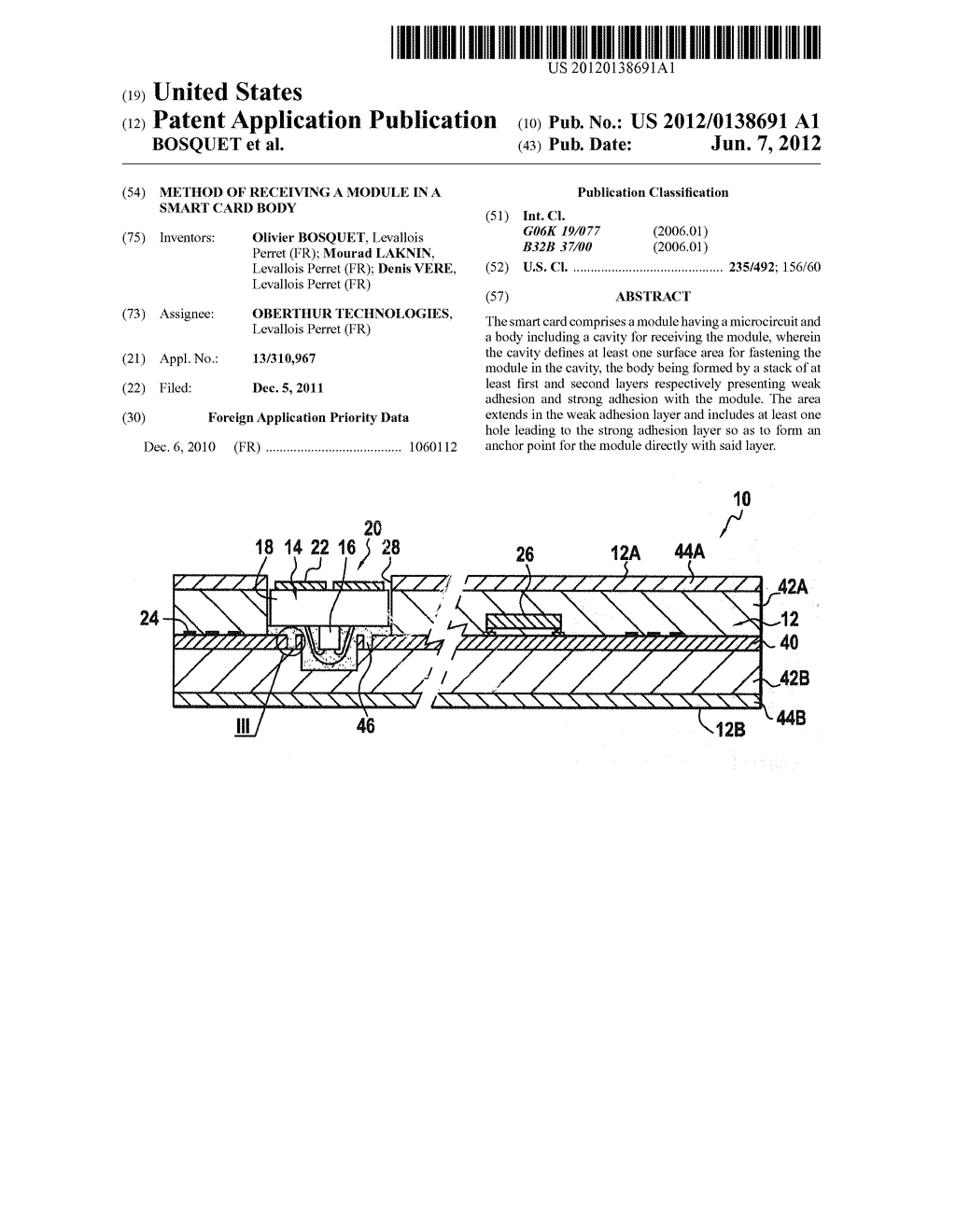 METHOD OF RECEIVING A MODULE IN A SMART CARD BODY - diagram, schematic, and image 01