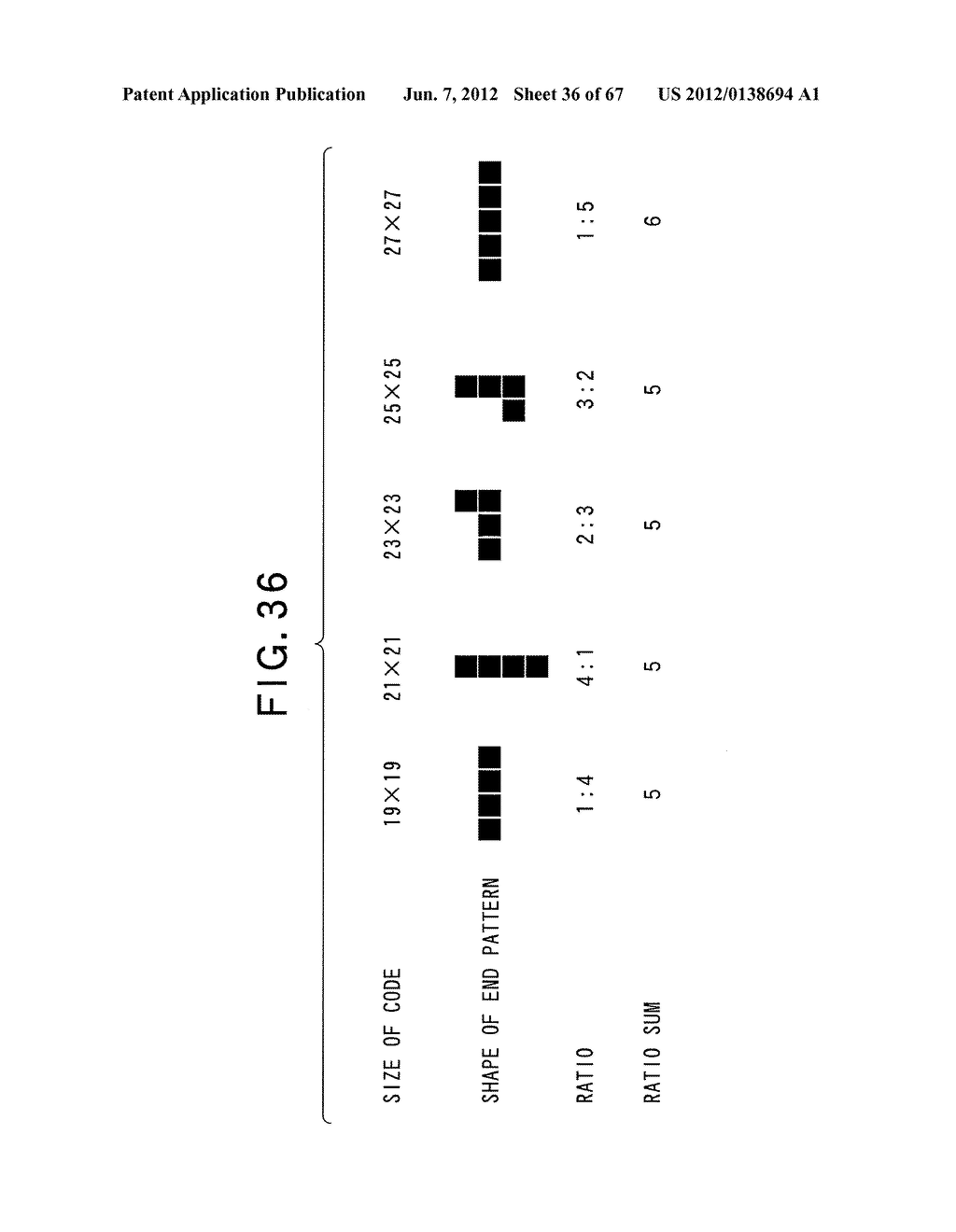 TWO-DIMENSIONAL CODE HAVING RECTANGULAR REGION PROVIDED WITH SPECIFIC     PATTERNS FOR SPECIFY CELL POSITIONS AND DISTINCTION FROM BACKGROUND - diagram, schematic, and image 37