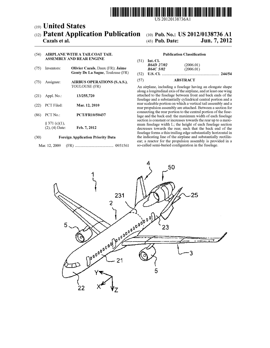AIRPLANE WITH A TAILCOAT TAIL ASSEMBLY AND REAR ENGINE - diagram, schematic, and image 01