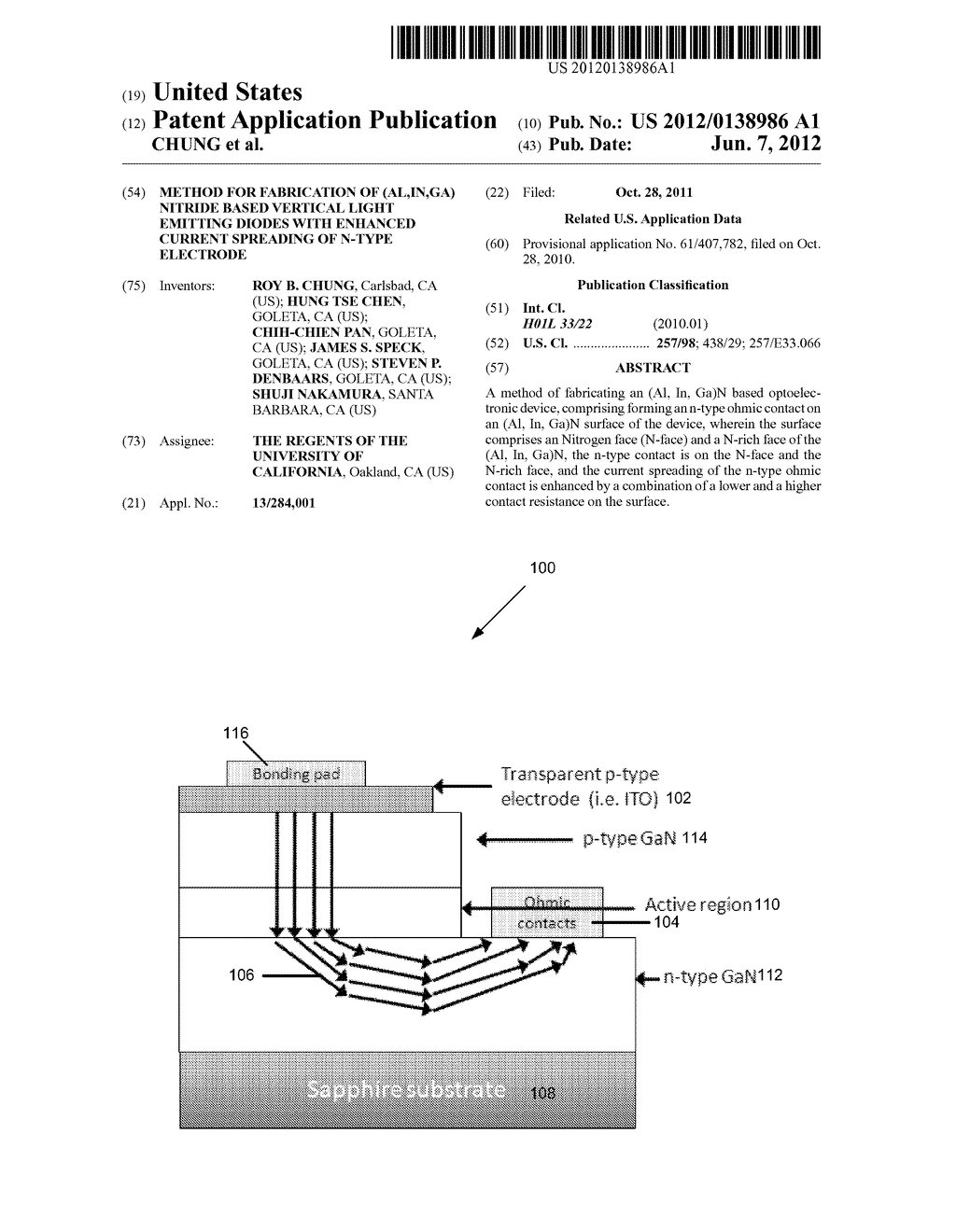 METHOD FOR FABRICATION OF (AL,IN,GA) NITRIDE BASED VERTICAL LIGHT EMITTING     DIODES WITH ENHANCED CURRENT SPREADING OF N-TYPE ELECTRODE - diagram, schematic, and image 01