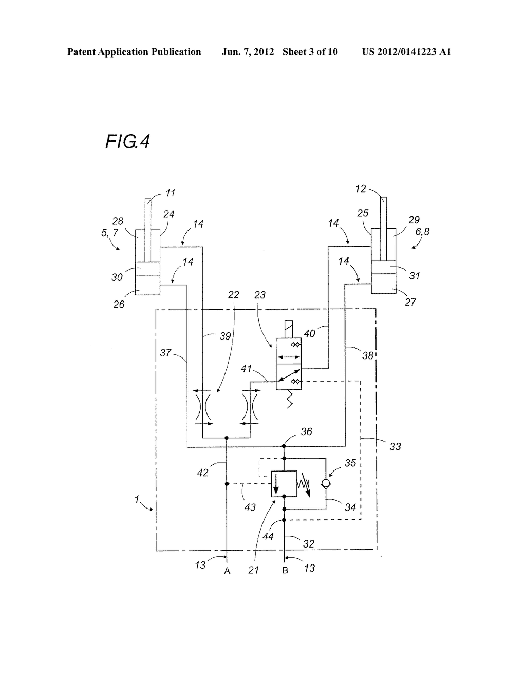 SUPPLY AND RESETTING HYDRAULIC UNIT FOR A LIFTING ASSEMBLY WITH TWO     SEPARATE SIMULTANEOUSLY ACTUATED POWERED BEARINGS - diagram, schematic, and image 04