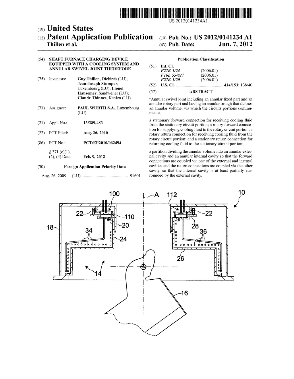 SHAFT FURNACE CHARGING DEVICE EQUIPPED WITH A COOLING SYSTEM AND ANNULAR     SWIVEL JOINT THEREFORE - diagram, schematic, and image 01