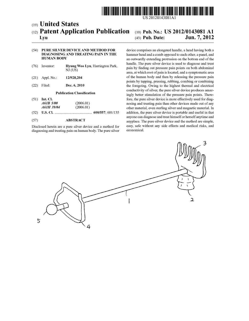 Pure silver device and method for diagnosing and treating pain in the     human body - diagram, schematic, and image 01