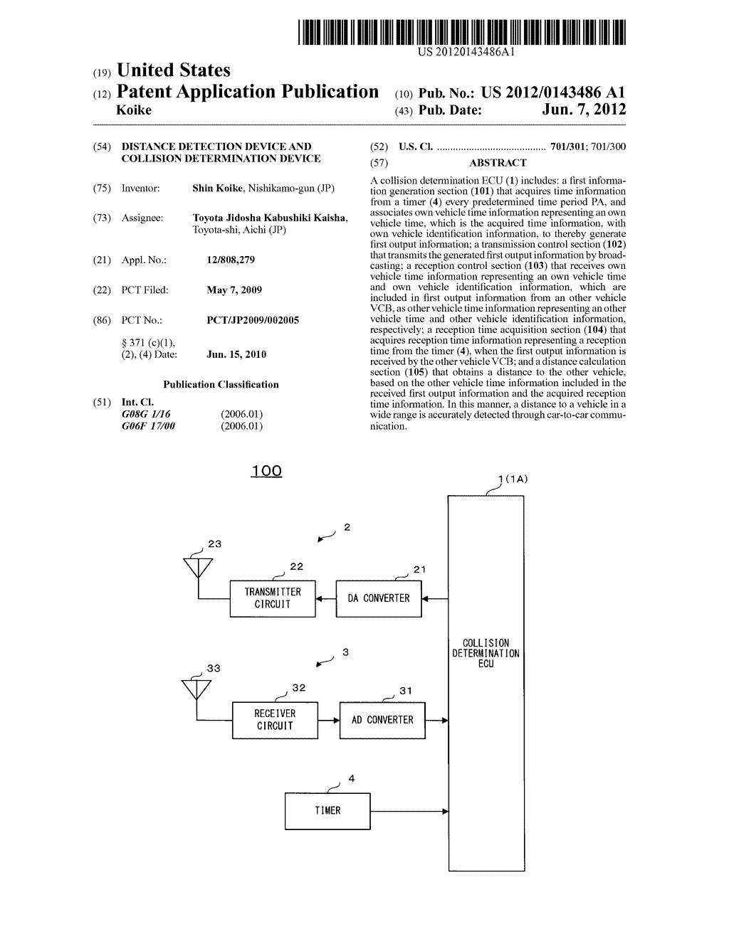 DISTANCE DETECTION DEVICE AND COLLISION DETERMINATION DEVICE - diagram, schematic, and image 01