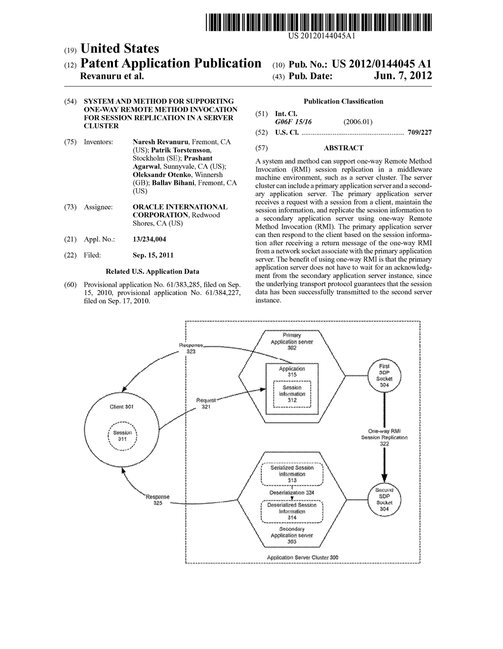 SYSTEM AND METHOD FOR SUPPORTING ONE-WAY REMOTE METHOD INVOCATION FOR     SESSION REPLICATION IN A SERVER CLUSTER - diagram, schematic, and image 01