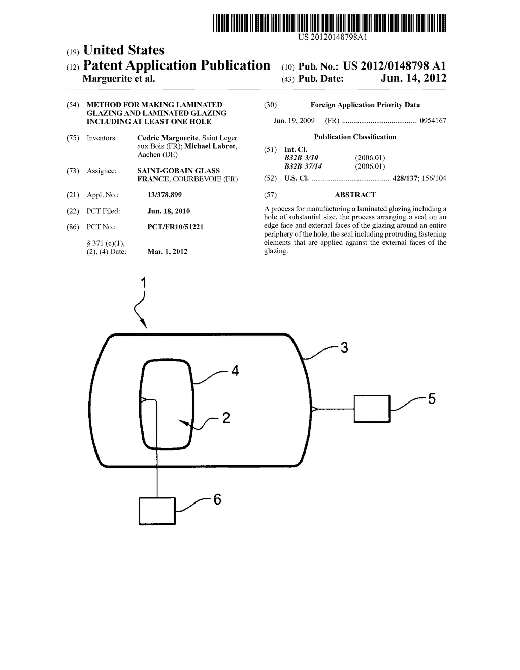 METHOD FOR MAKING LAMINATED GLAZING AND LAMINATED GLAZING INCLUDING AT     LEAST ONE HOLE - diagram, schematic, and image 01